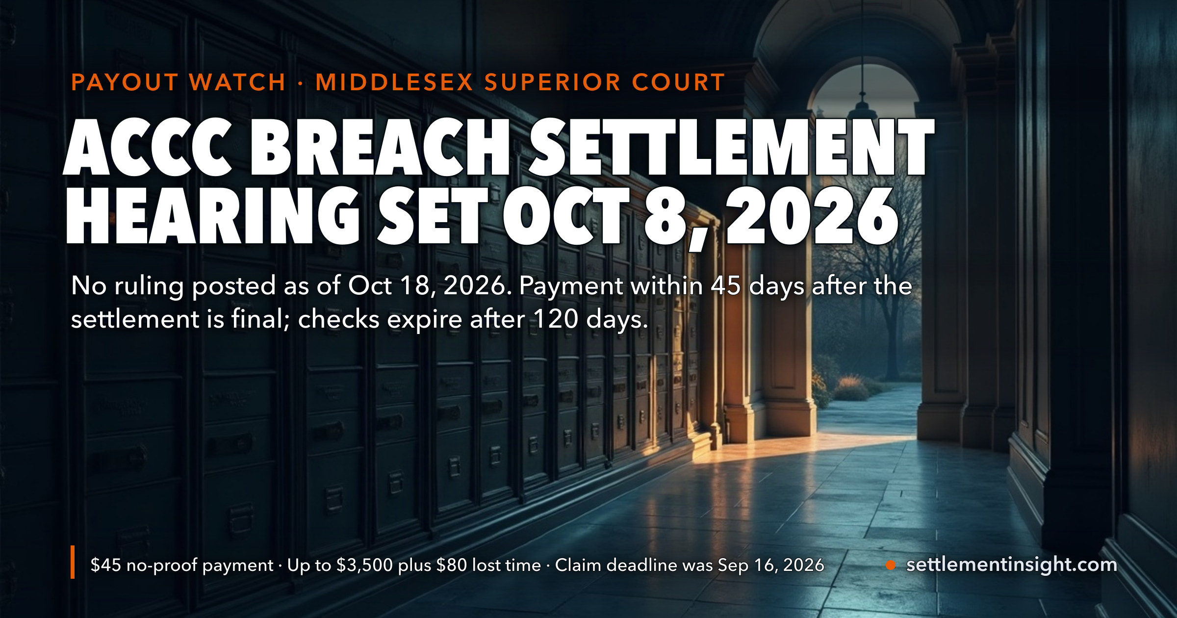 The ACCC Data Breach Settlement Was Set for a Massachusetts Hearing on October 8 — Ten Days Later, the Official Site Still Shows No Ruling. What Happens Next: an Email to Pick Your Payment, 30 Days to Answer, 120 Days to Cash the Check — key figures at a glance