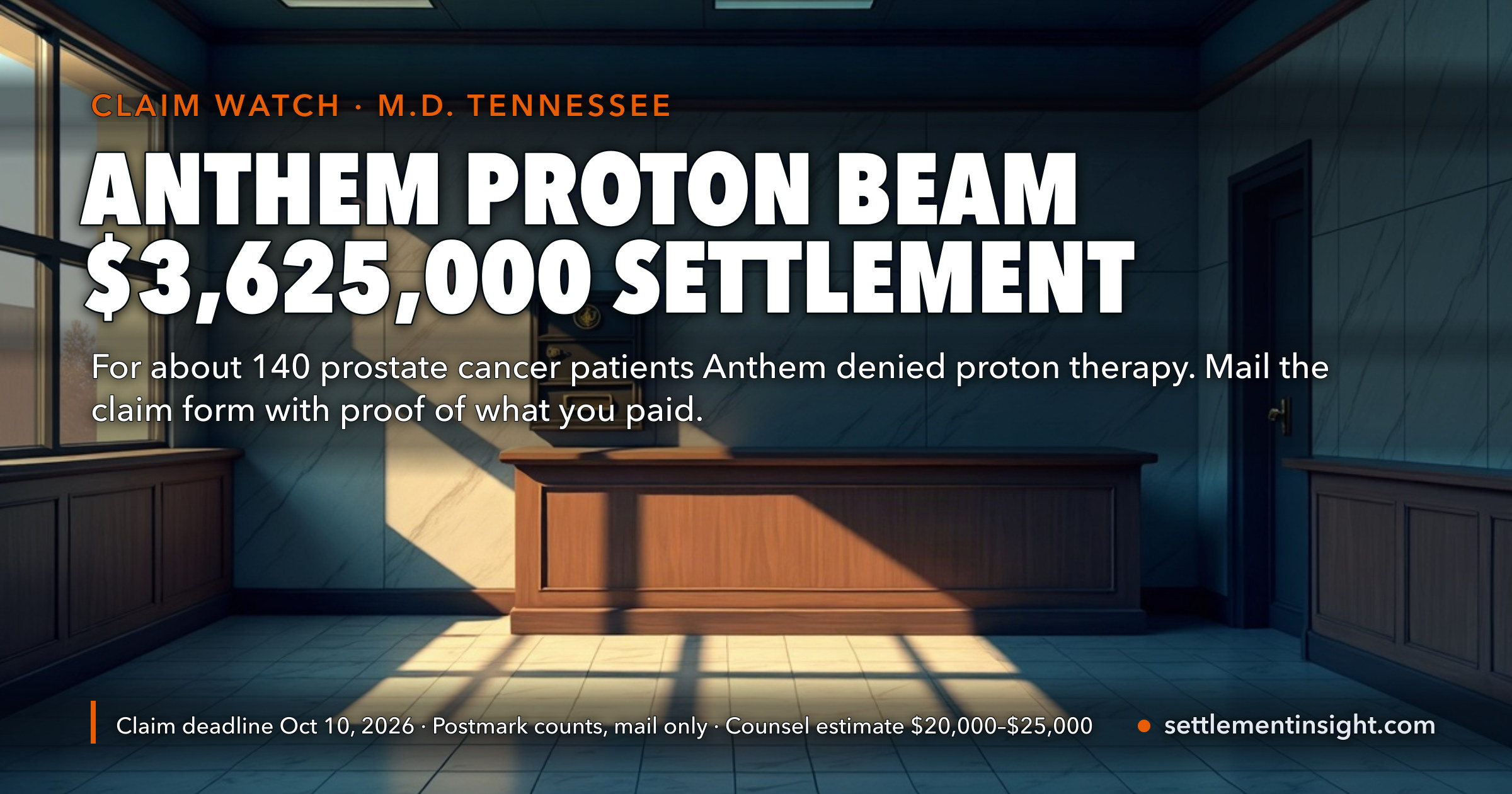 Anthem's $3,625,000 Proton Beam Settlement Covers About 140 Prostate Cancer Patients It Denied Coverage. Class Counsel Estimated $20,000 to $25,000 Each — but Only for Those Who Mail a Claim Form Postmarked by October 10, 2026. — key figures at a glance