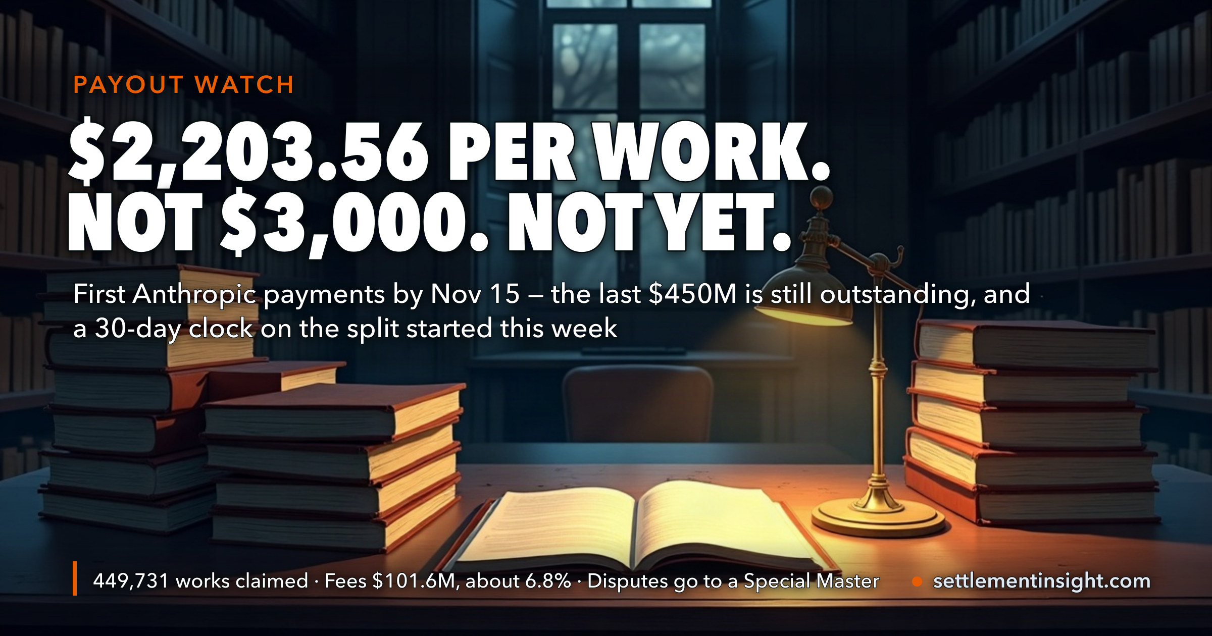The Anthropic Settlement Was Reported as $3,000 a Book. The First Payment Is $2,203.56 Per Work, Due by November 15 — and the Form That Went Out This Week Starts a 30-Day Clock on Who Gets What Share. — key figures at a glance