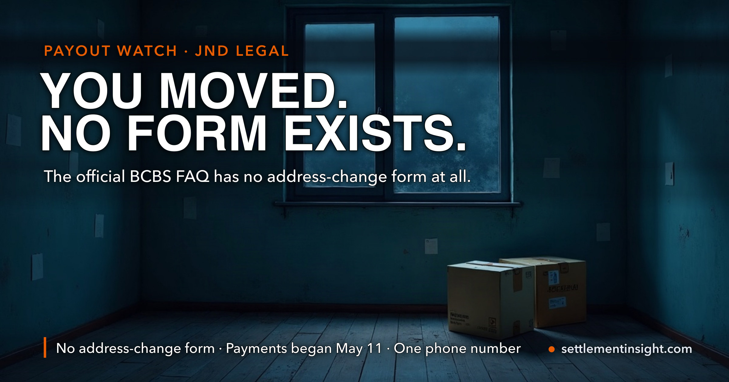 You Moved and Your Blue Cross Settlement Payment Didn't Follow. We Read the Official FAQ: There Is No Address-Change Form at All. — key figures at a glance