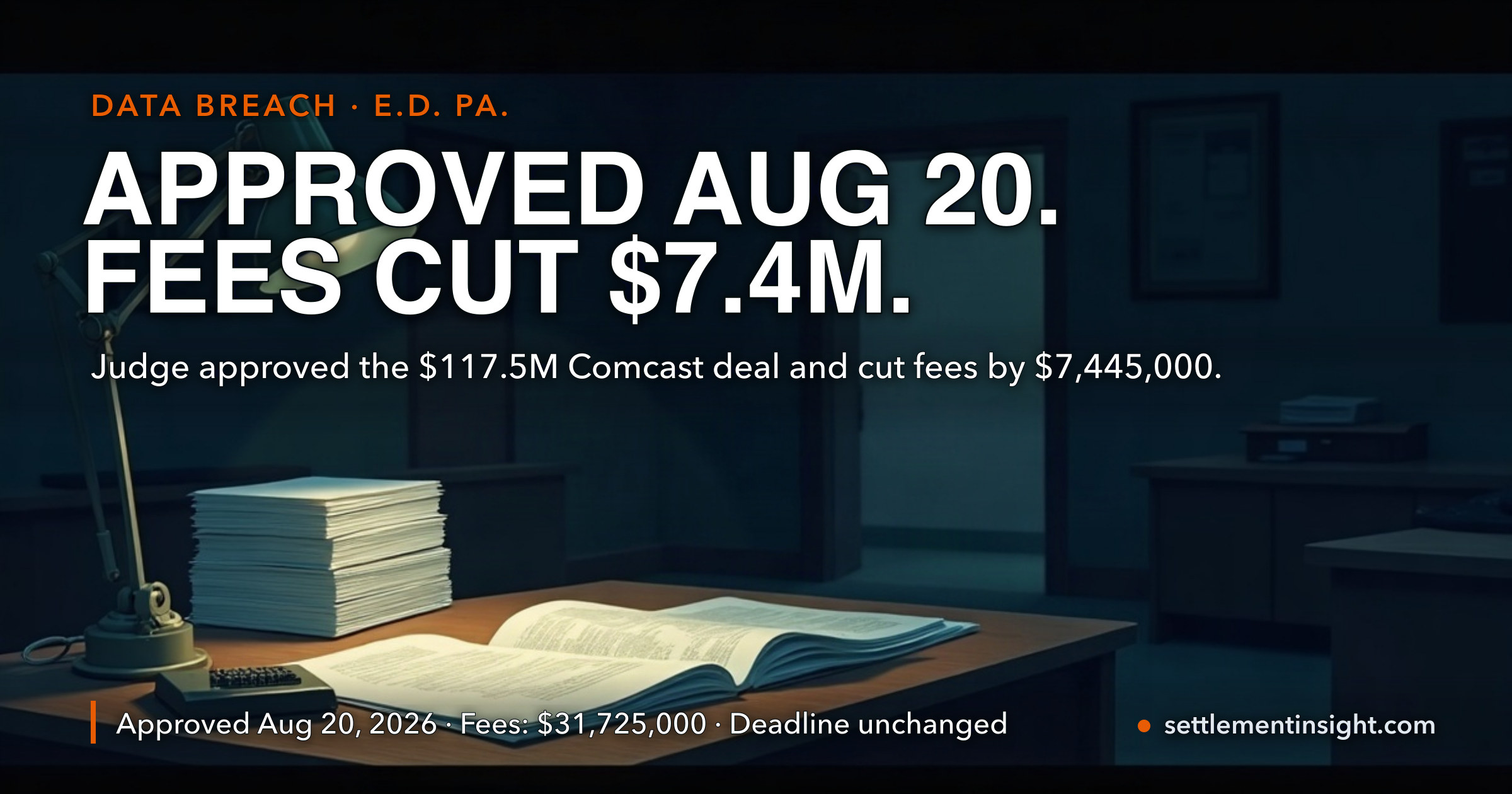 Comcast’s $117.5 Million Settlement Was Approved on August 20 — the Judge Cut the Lawyers’ Fee by $7.4 Million, and the Court-Authorized Site Still Says the Court ‘Must Decide’ — key figures at a glance
