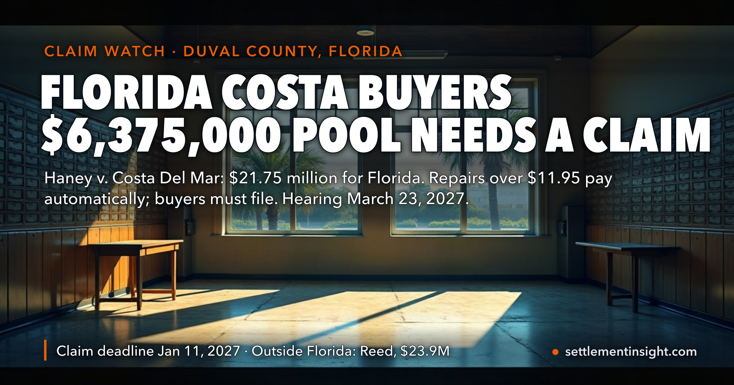 Florida Costa Buyers Have Until January 11, 2027 to Claim a Share of $6,375,000 in a New $21.75 Million Settlement — While Repair Payments Outside Florida Come Automatically From the Separate $23.9 Million Deal, With an October 26 Opt-Out Date — key figures at a glance
