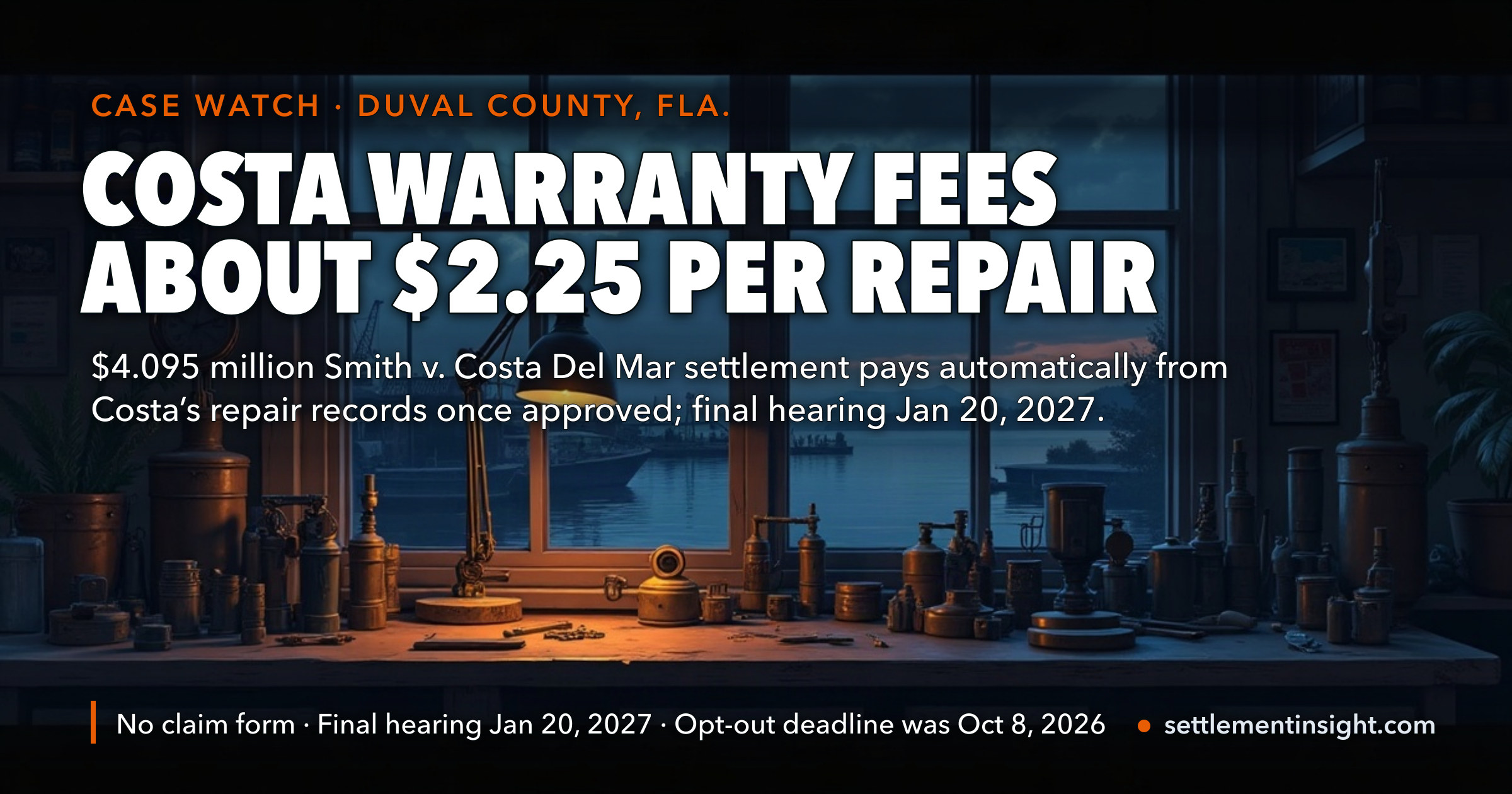 The Costa Del Mar Sunglasses Warranty Settlement Is $4.095 Million — but the Court Papers Put the Payout at About $2.25 per Repair, Against an $11.95 Fee. The Opt-Out Window Closed October 8; the Final Approval Hearing Is January 20, 2027. — key figures at a glance