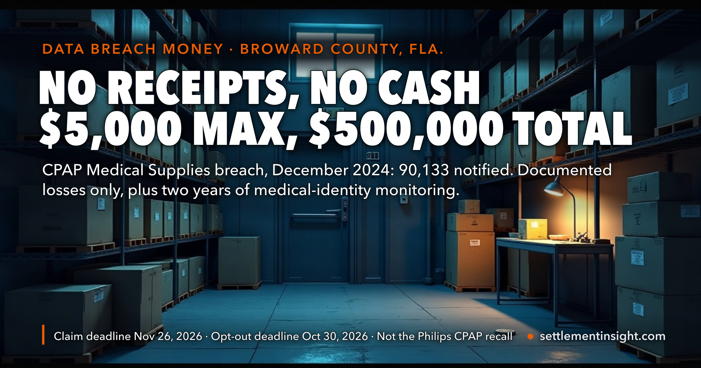 CPAP Medical Supplies' Data Breach Settlement Says “Up to $5,000” — but There Is No Cash Without Receipts: Documented Losses Only, Capped at $500,000 for 90,133 People. Claims Close November 26, 2026. — key figures at a glance