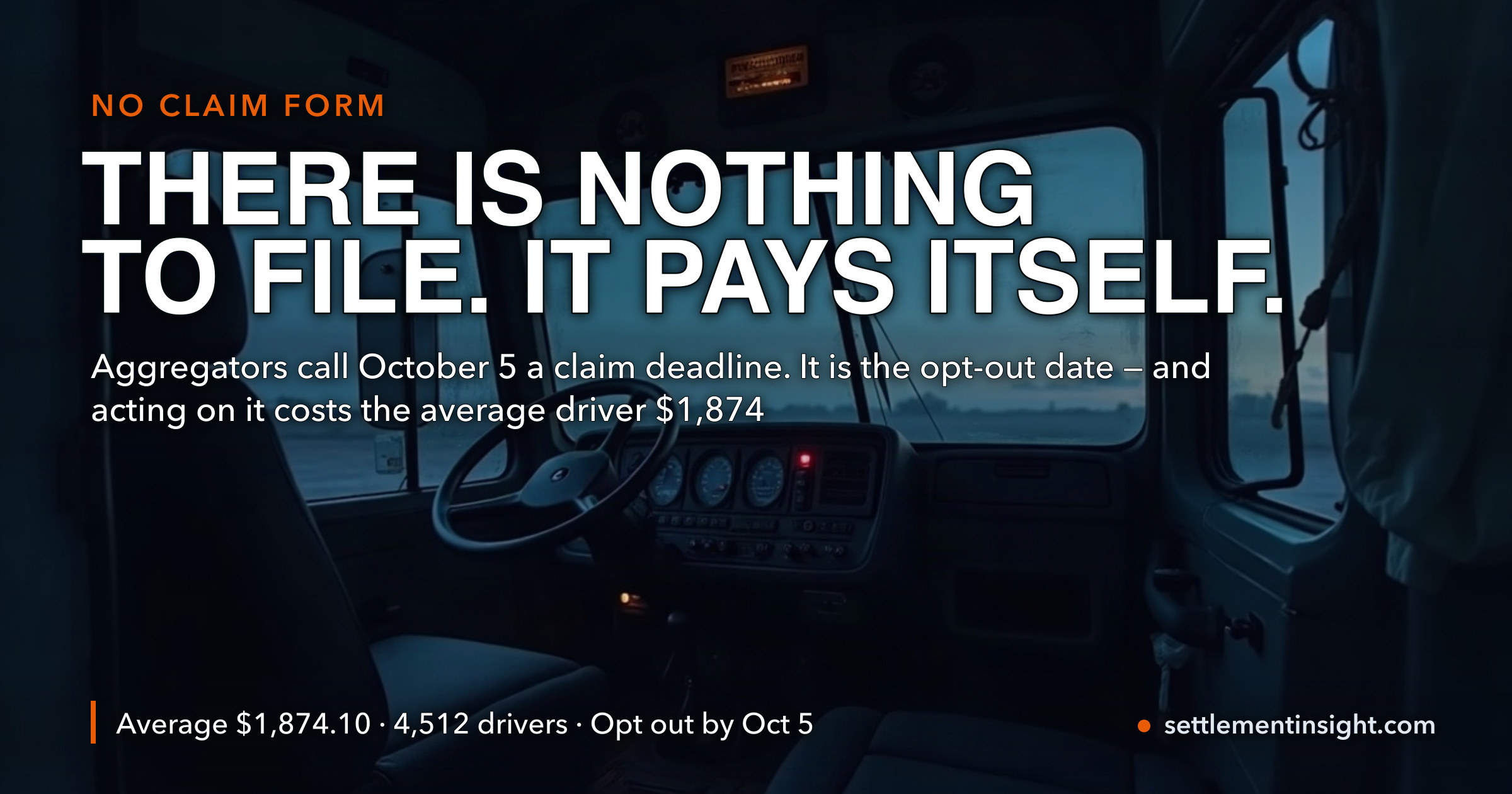 Every Aggregator Is Telling CRST Drivers They Have Until October 5 to File a Claim. There Is No Claim Form. The Settlement Pays Automatically, the Average Is $1,874.10, and the Only Thing October 5 Can Do Is Take You Out of It. — key figures at a glance