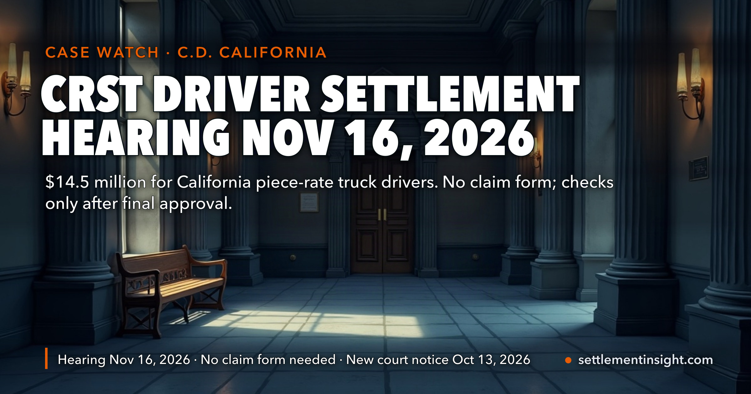 CRST’s $14.5 Million Driver Settlement Is Past Its October 5 Deadline — but No Driver Gets Paid Until Judge Wright Rules at the November 16, 2026 Hearing, and a New Court Filing Landed October 13 — key figures at a glance