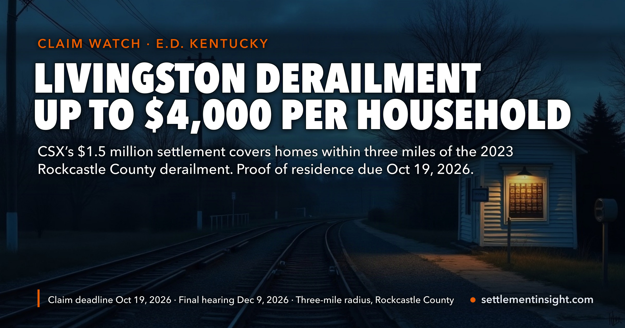 CSX’s $1.5 Million Livingston Derailment Settlement Pays Up to $4,000 per Household — but Only to Those Who Prove Their Address by October 19, 2026, and Not Before a December 9 Hearing — key figures at a glance