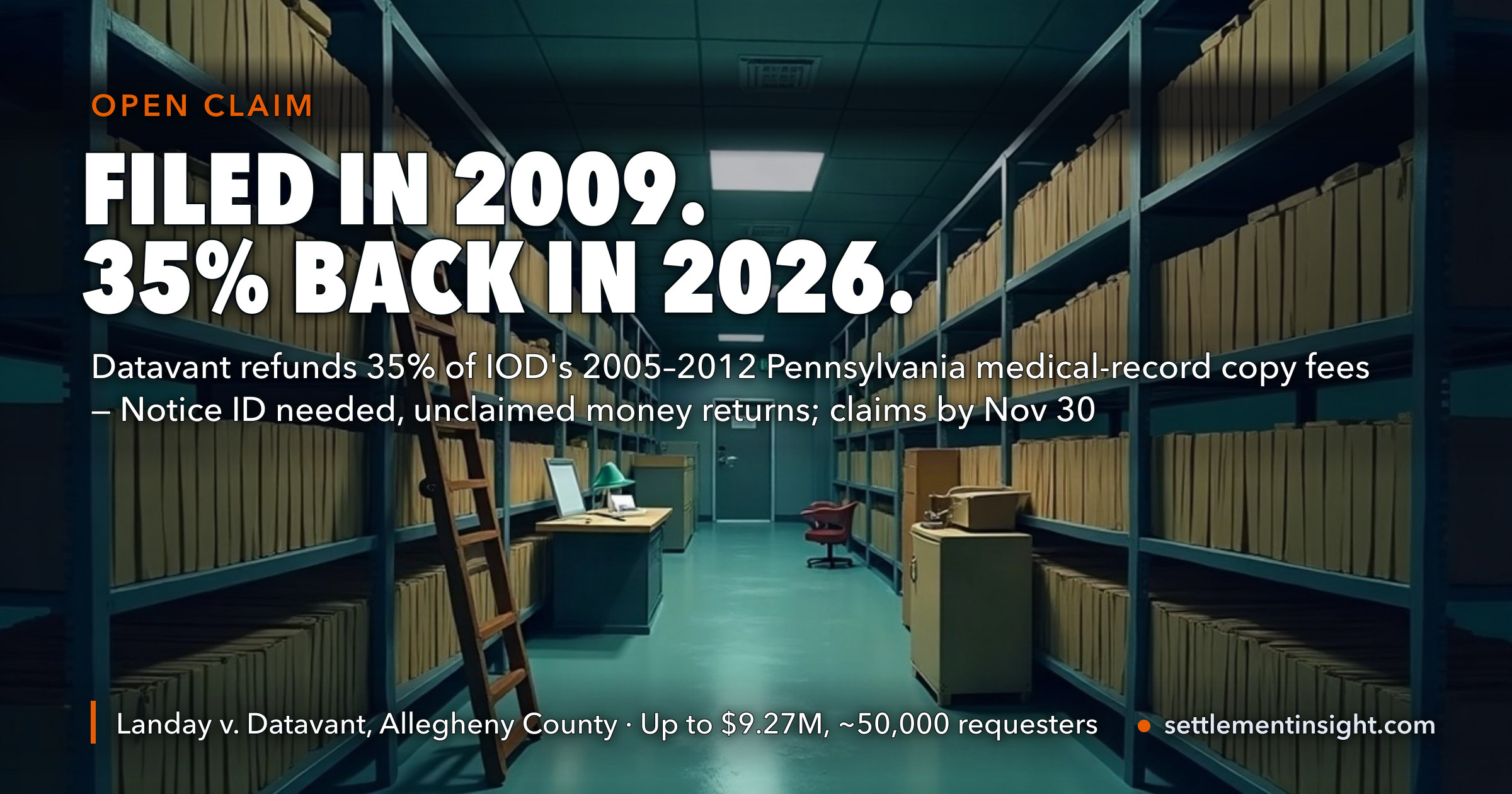 A Pennsylvania Lawsuit Filed on July 15, 2009 Is Finally Paying Out: Datavant Refunds 35 Percent of the Medical-Record Copy Fees That About 50,000 Patients, Lawyers and Insurers Paid IOD Between 2005 and 2012 — Up to $9.27 Million, Notice ID Required, and Whatever Goes Unclaimed Returns to Datavant — key figures at a glance