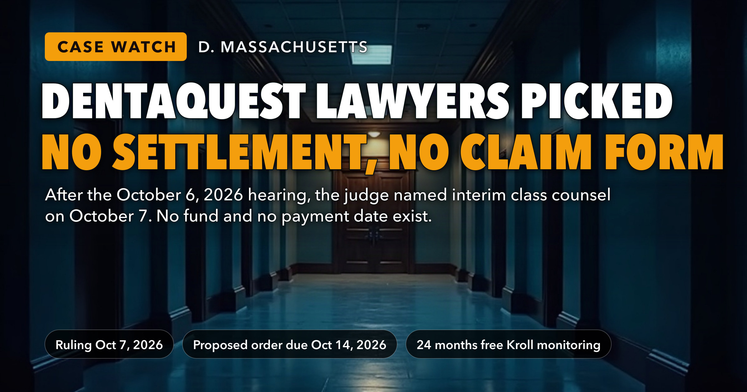 The DentaQuest Hearing Happened on October 6. A Day Later the Judge Picked the Lawyers Who Will Run the Breach Case — There Is Still No Settlement, No Fund and No Claim Form. — key figures at a glance
