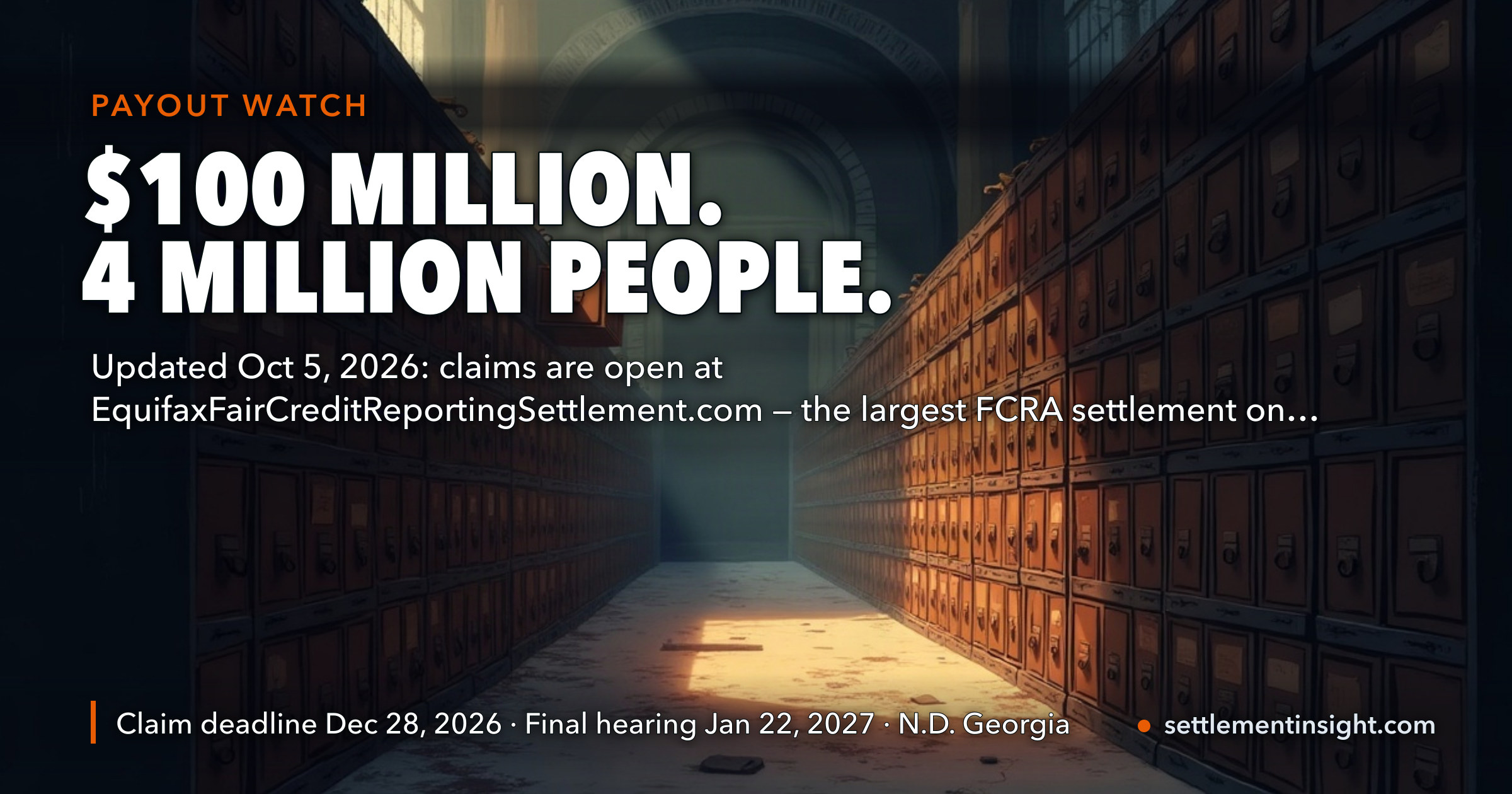 Updated October 5, 2026, Claims Are Now Open: A Judge Approved the Largest Credit-Reporting Settlement on Record — $100 Million for 4 Million People. There Is Nothing to File Yet — key figures at a glance