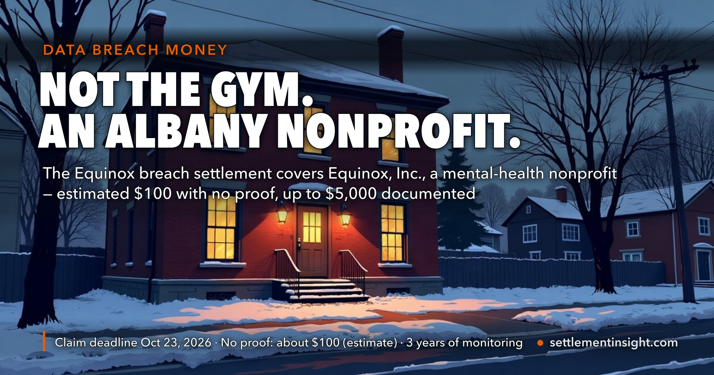 The 'Equinox' Breach Settlement Paying About $100 Is Not the Gym — It's an Albany Mental-Health Nonprofit, and Claims Close October 23 — key figures at a glance