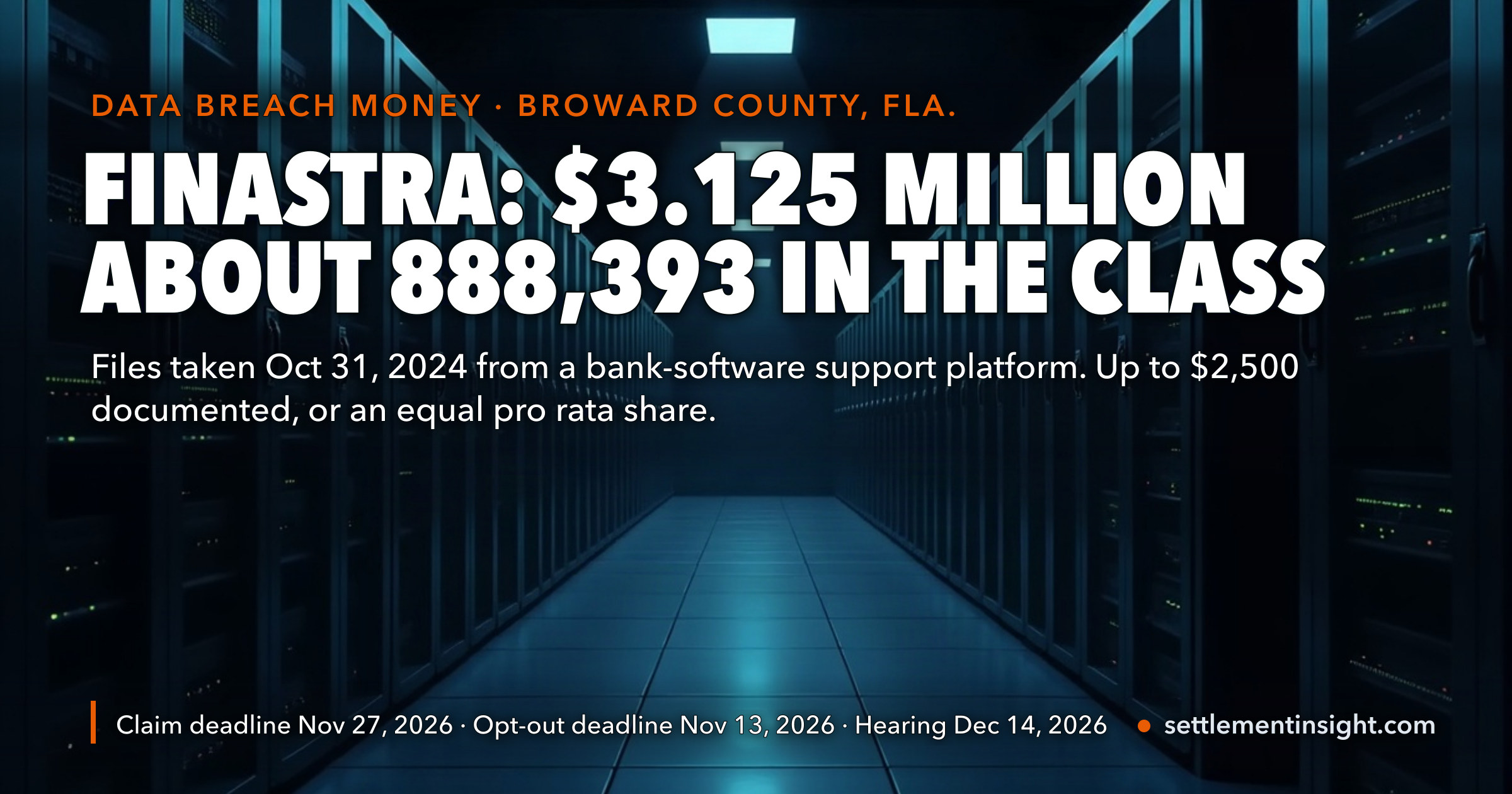 Why a Bank Software Company You May Never Have Heard Of Had Your Data: Finastra’s $3.125 Million Breach Settlement Covers About 888,393 People — $3.52 Each on Paper, Before Up to 37.8% Could Go to Attorneys’ Fees and Costs. Claims Close November 27. — key figures at a glance