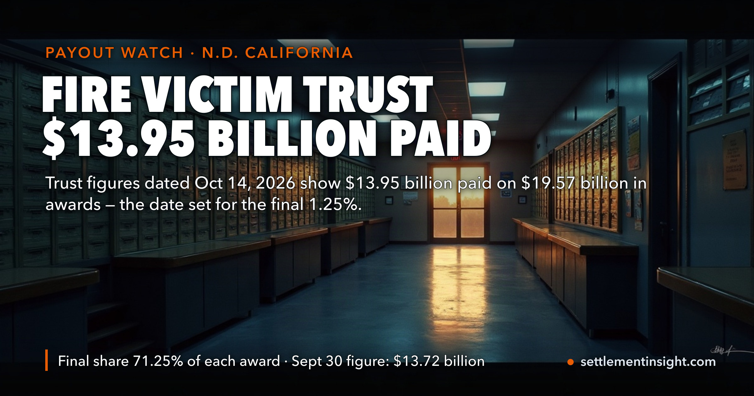 Fire Victim Trust’s October 14, 2026 Figures Show $13.95 Billion Paid, Up From $13.72 Billion on September 30 — the Date Set for the Final 1.25% Payment That Ends Awards at 71.25% — key figures at a glance