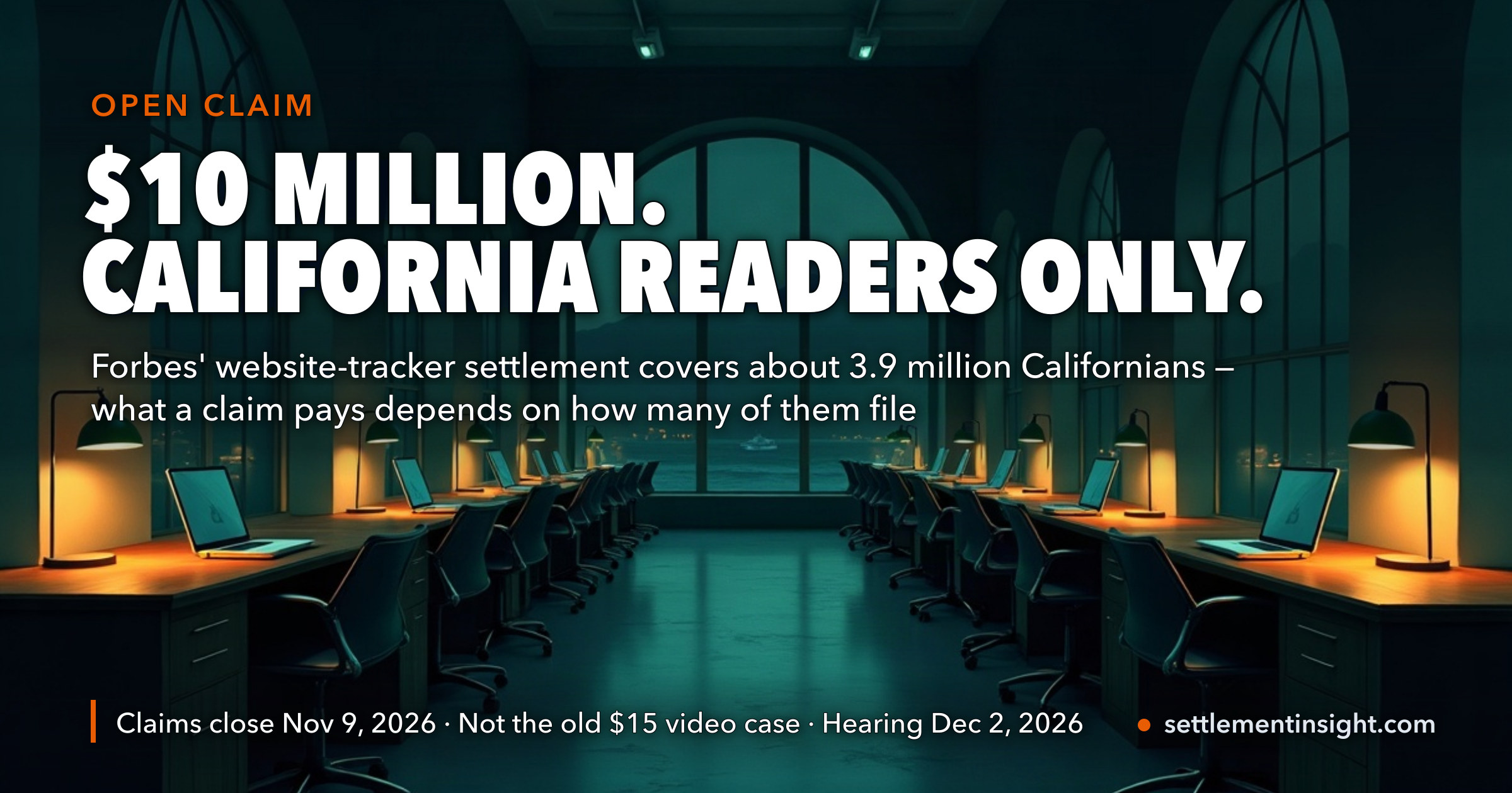 California Forbes Readers Have Been Getting Emails About a $10 Million Tracker Settlement. It Is Not the Old $15 Video Case — and Whether a Claim Pays About $186 or About $31 Depends on How Many of 3.9 Million People File by November 9. — key figures at a glance