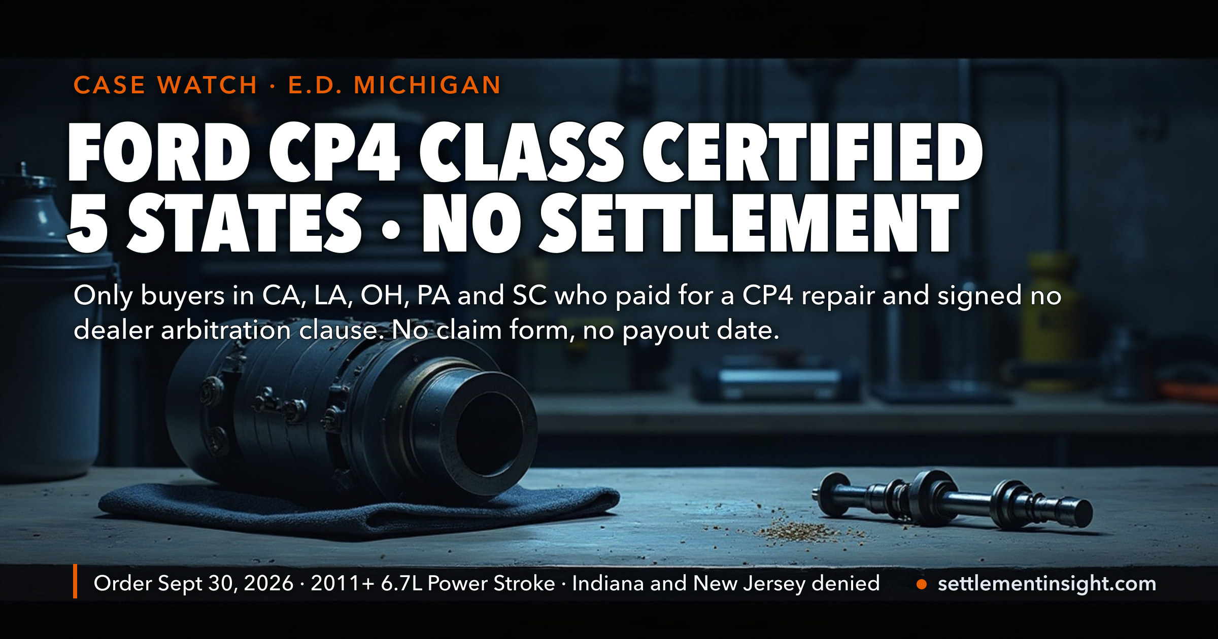 Ford's CP4 Fuel Pump Class Action Was Certified on September 30, 2026, for Five States and Only for Owners Who Already Paid for a Repair. There Is No Settlement, No Claim Form and No Payout Date, and the Judge Cut Indiana and New Jersey โ key figures at a glance