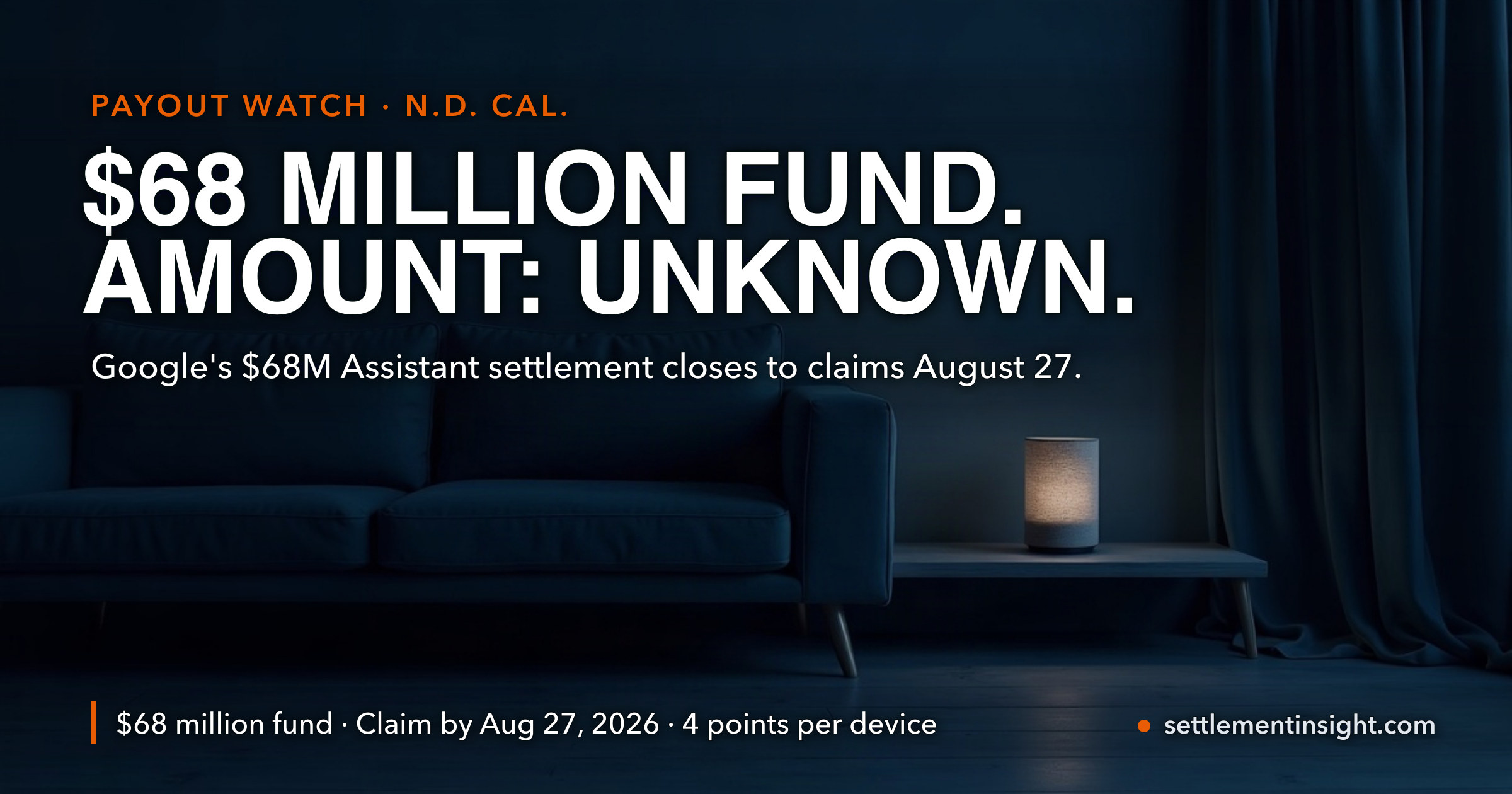 Blogs Promise '$14 to $56' From Google's $68M Assistant Settlement. The Official Answer Is 'Unknown' — and the Points Math Closes August 27 — key figures at a glance