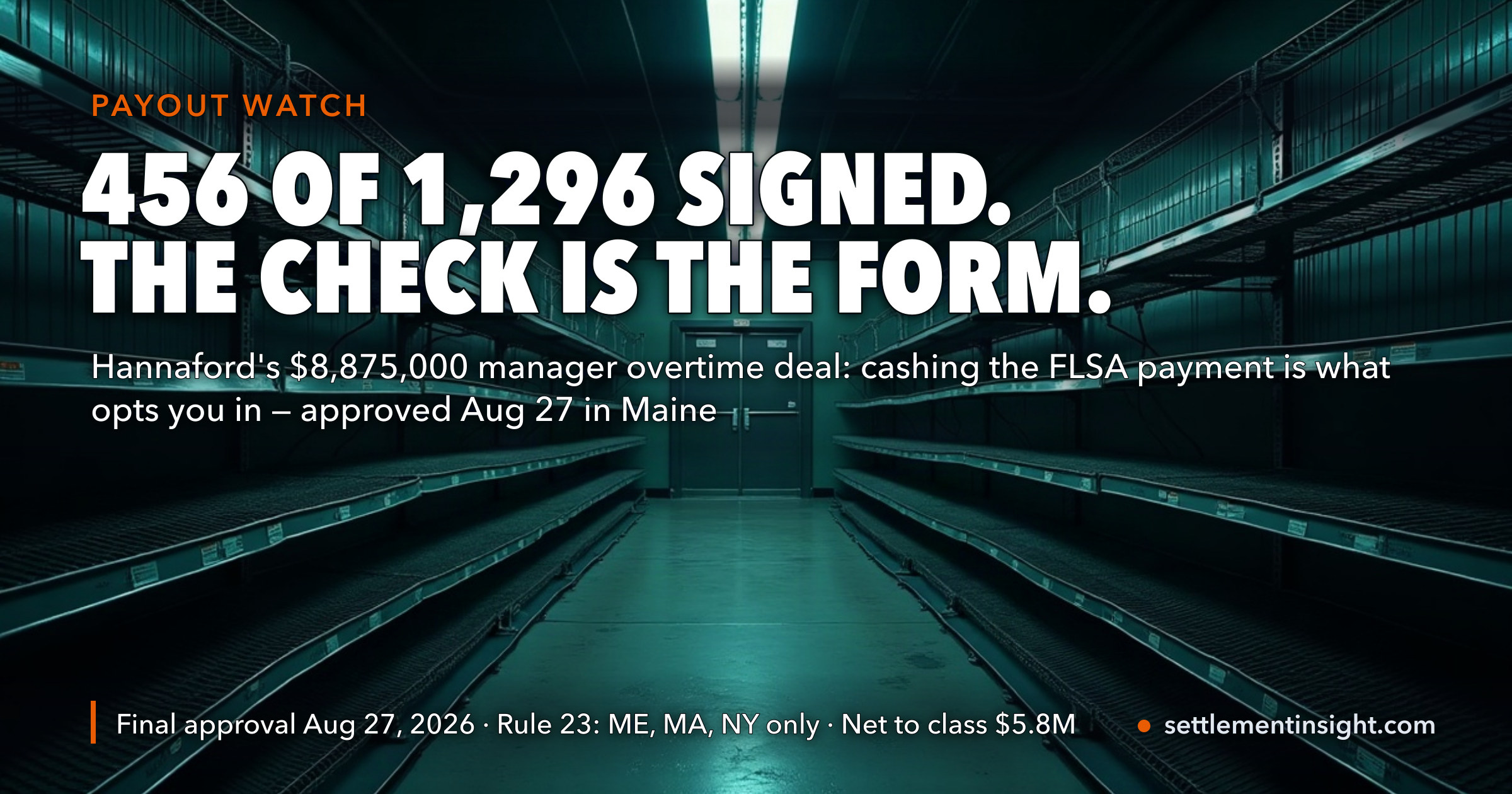 Hannaford's Manager Overtime Settlement Is $8,875,000. Notice Went to 1,296 Managers and 456 Signed the Form — and for Those Who Did Not, the Court Says Cashing the Check Is the Consent Form. — key figures at a glance
