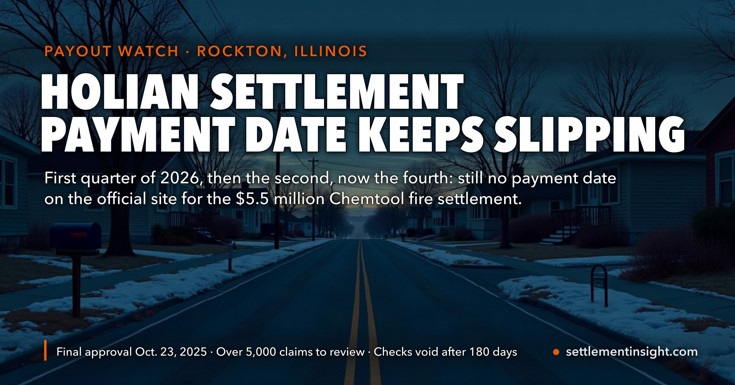 Holian Settlement Payment Date: The Administrator Projected the First Quarter of 2026, Callers Were Later Told the Second, and Now Hear the Fourth — Nearly a Year After a Judge Approved $5.5 Million for Chemtool Fire Neighbors — key figures at a glance