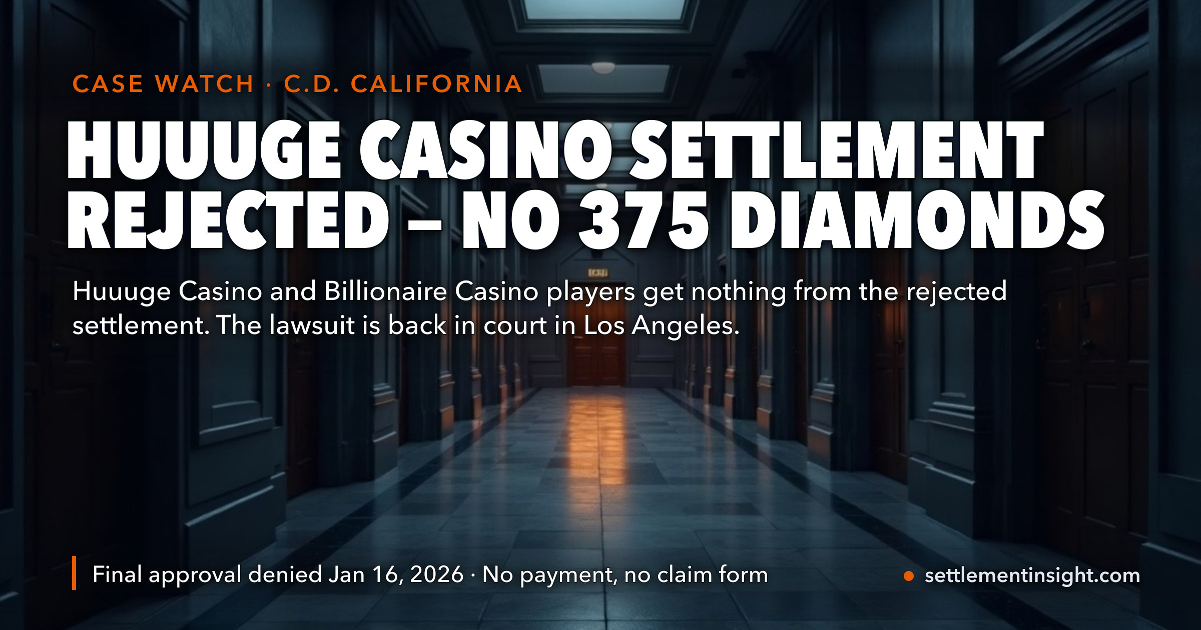 The Huuuge Casino Settlement Was Rejected on January 16, 2026 — No Cash, No 375 Virtual Diamonds, No Claim Form. Huuuge Lost Its Bid to Force Arbitration on September 3, 2026 and Has Appealed to the Ninth Circuit. — key figures at a glance