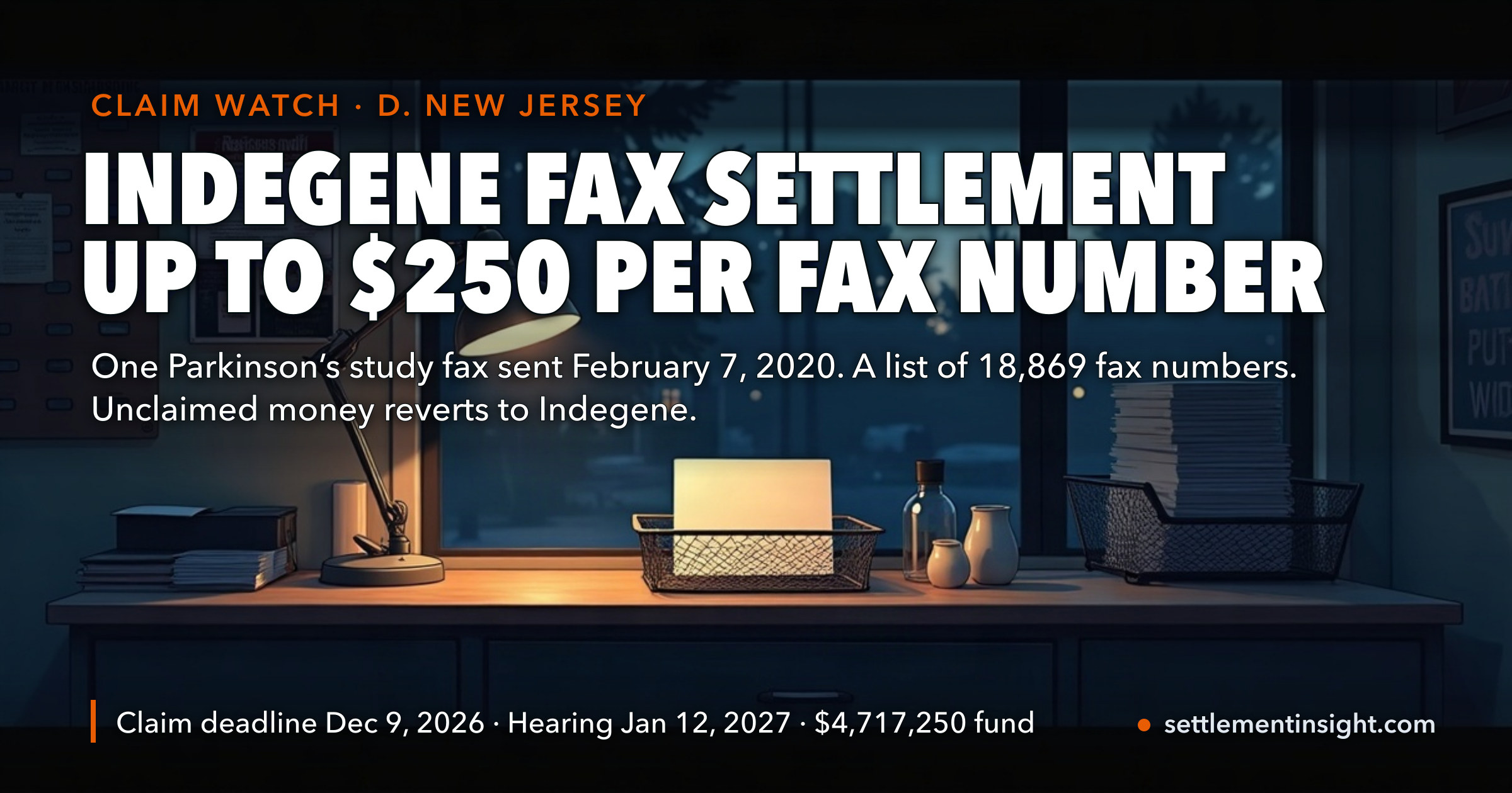The Indegene Settlement Pays Up to $250 for One Parkinson’s Study Fax Sent February 7, 2020 — Only 18,869 Fax Numbers Qualify, Claims Are Due December 9, 2026, and Every Unclaimed Dollar Stays With Indegene — key figures at a glance