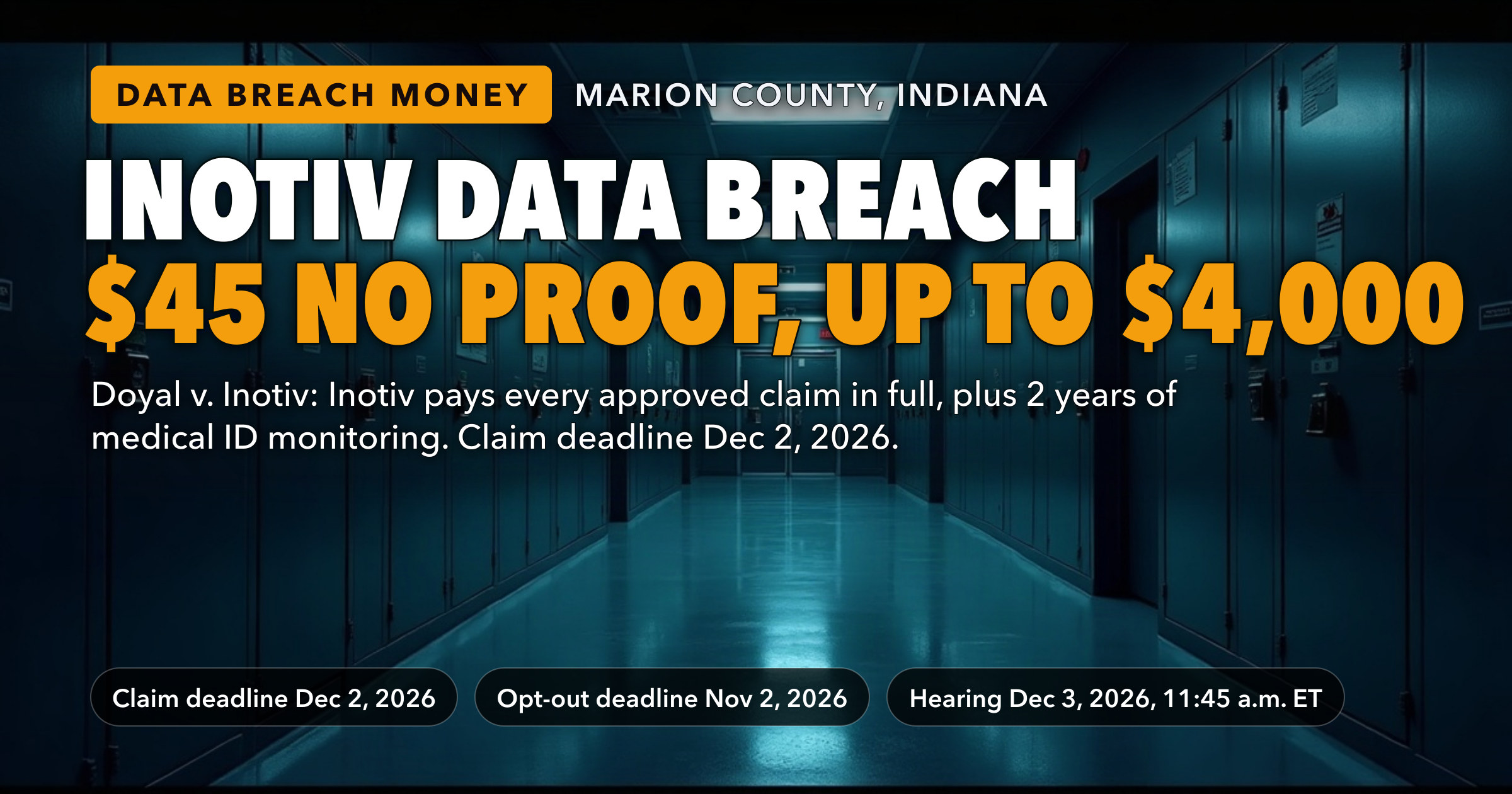 Inotiv Data Breach Settlement Pays $45 With No Proof and Up to $4,000 for Fraud Losses — With No Fixed Fund to Split: Inotiv Pays Every Approved Claim in Full. Claims Are Due December 2, 2026 — key figures at a glance