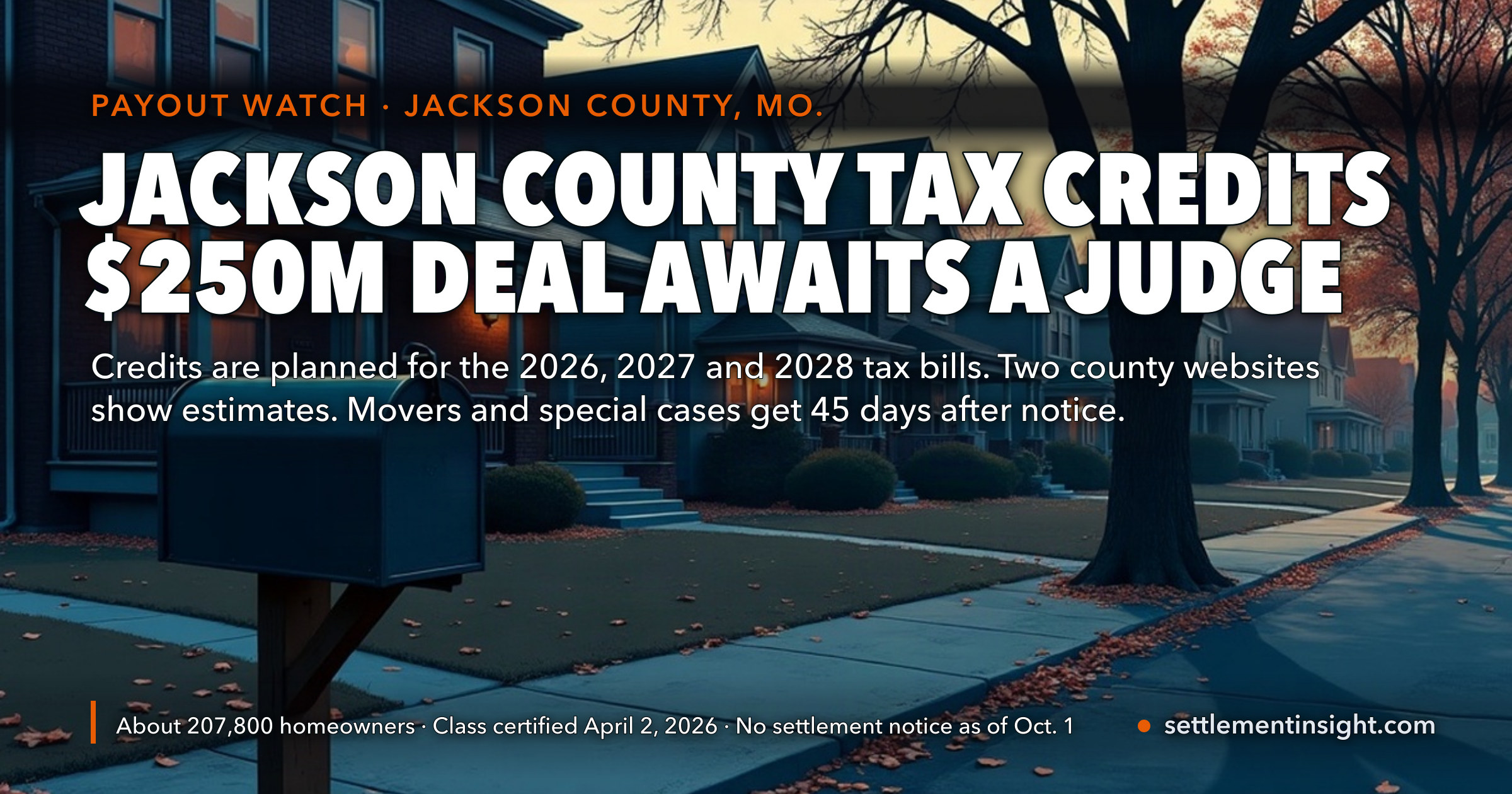 Jackson County’s Property Tax Settlement Is Put at About $250 Million, and Two New Websites Now Show Each Homeowner’s Estimated Credit. But, as of September 29, No Judge Had Signed the Deal, and the Official Class Website Still Lists a Trial — and People Who Moved Will Get Just 45 Days to Come Forward. — key figures at a glance