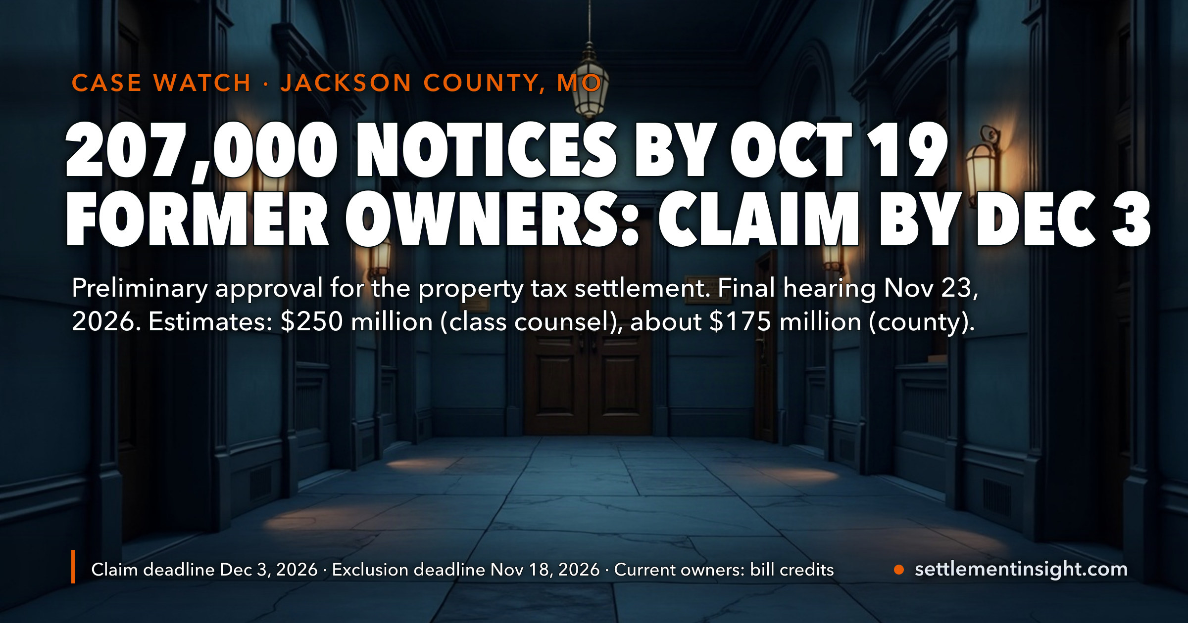 A Judge Has Preliminarily Approved the Jackson County Property Tax Settlement: Notices to More Than 207,000 Owners Are Due by October 19, Former Owners Must Claim by December 3, and the Final Hearing Is November 23 — but Class Counsel Says $250 Million and the County Says About $175 Million — key figures at a glance