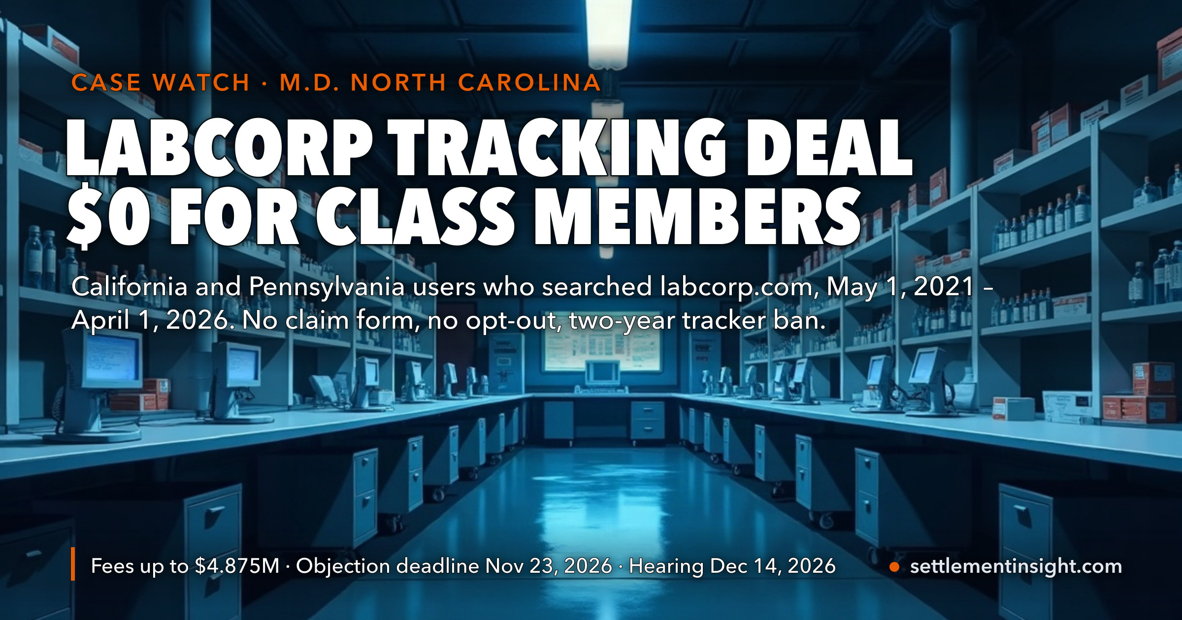 Labcorp’s Web-Tracking Settlement Pays Class Members $0 — There Is No Claim Form and No Way to Opt Out, While the Class Lawyers May Ask Labcorp for Up to $4.875 Million — key figures at a glance