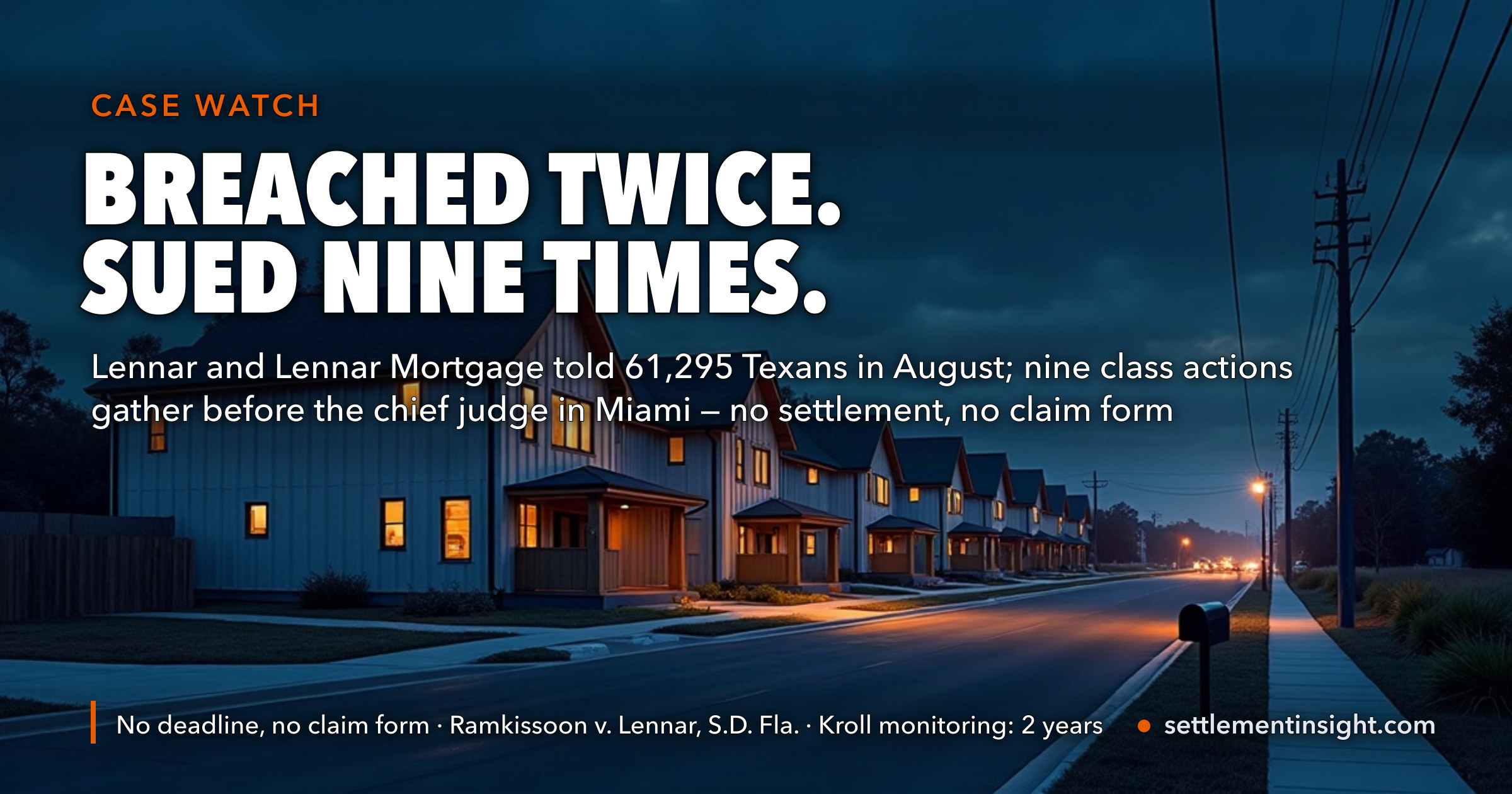 Lennar Was Breached Twice in 2026 and Sued Nine Times in Two Weeks. Texas Alone Counts 61,295 People — and There Is No Settlement, No Claim Form and No Lead Lawyer Yet. — key figures at a glance