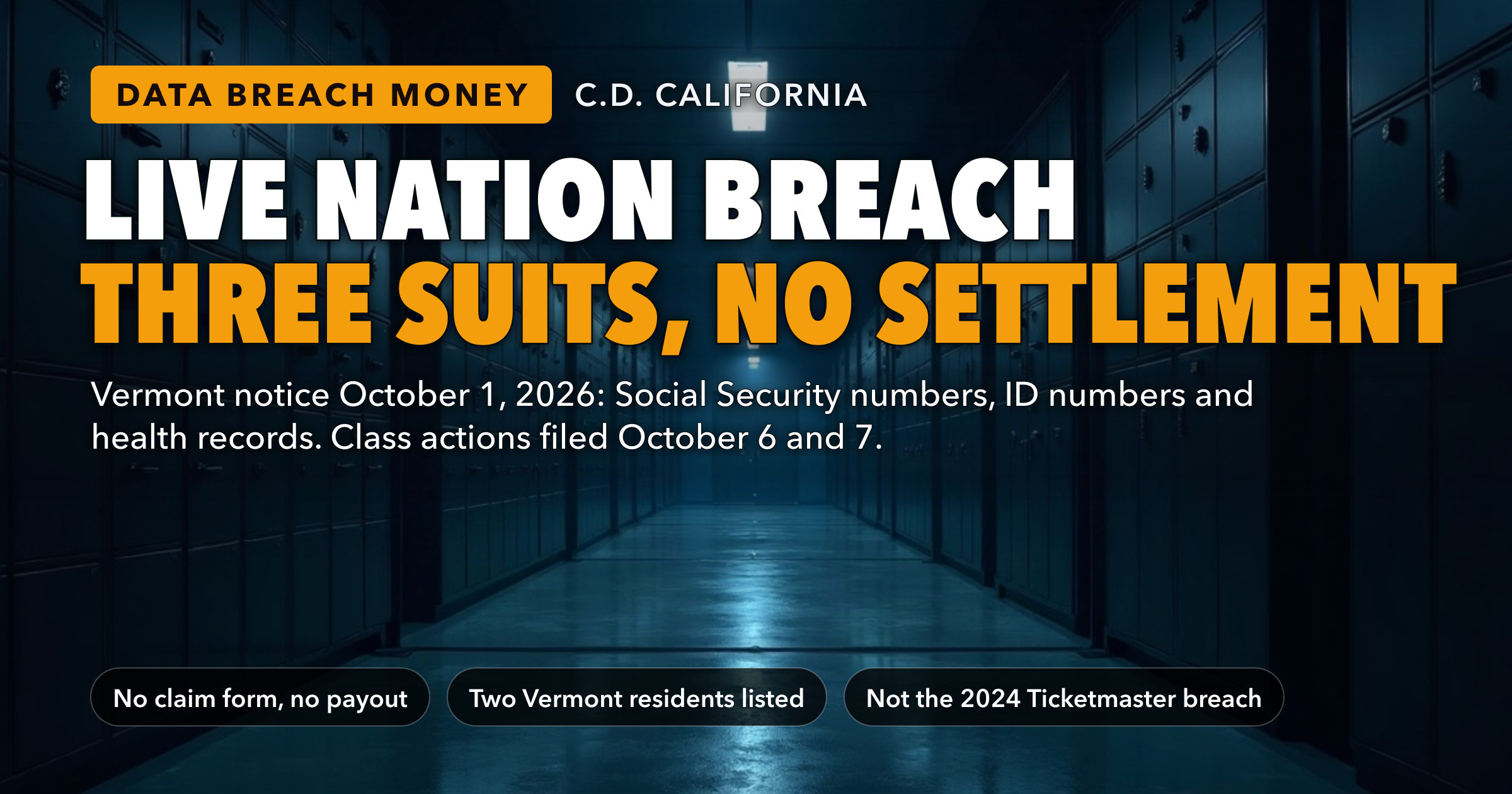 Live Nation Told Vermont on October 1 That Social Security Numbers and Health Records Were Breached — Three Negligence Class Actions Followed Within a Week, but There Is No Settlement and No Claim Form — key figures at a glance