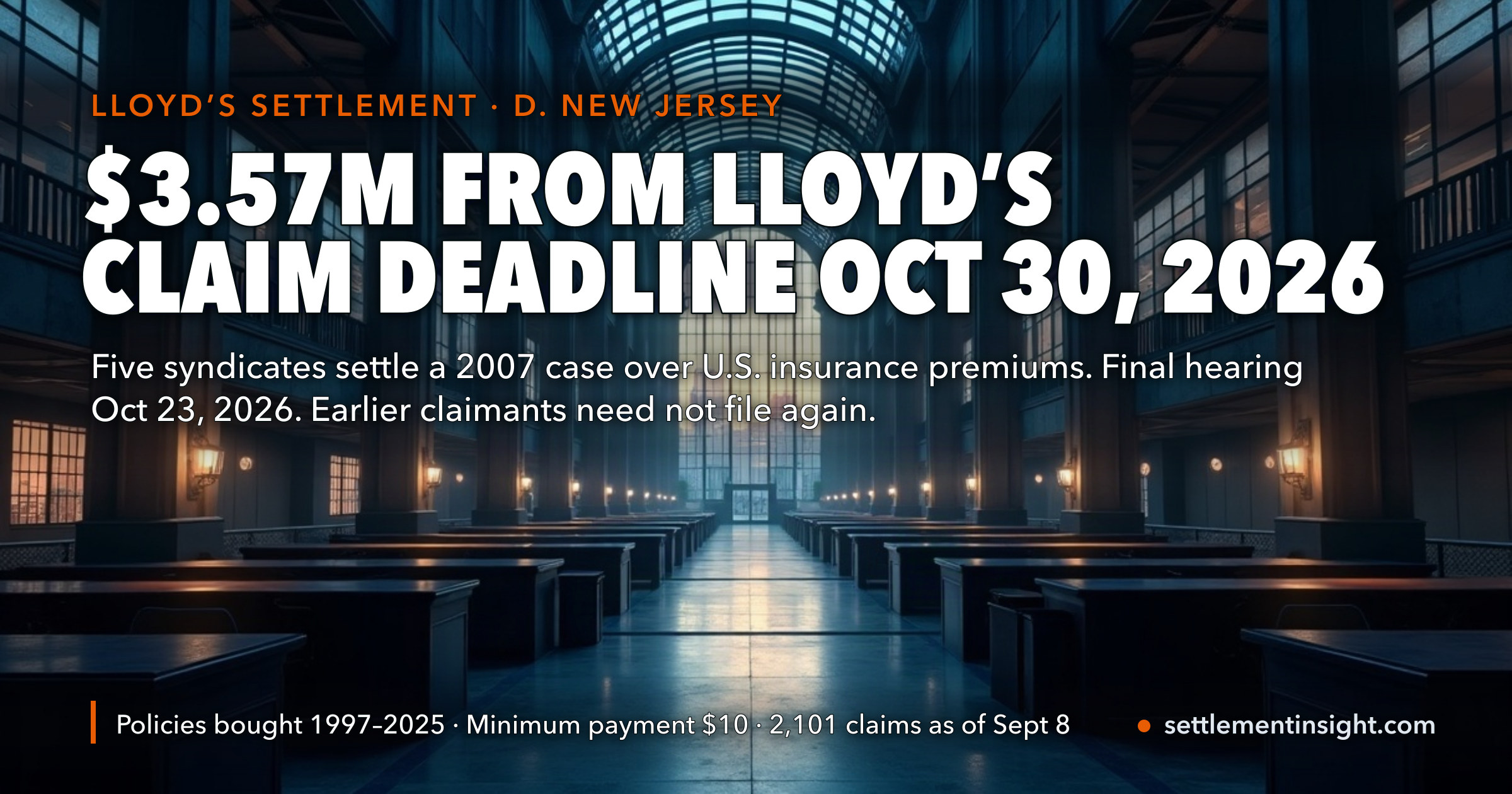 Lloyd’s of London Price-Fixing Settlement: $3.57 Million From Five Syndicates, Final Hearing October 23 and Claim Deadline October 30, 2026 — 320,792 Postcards Went Out, 2,101 Claims Came Back — key figures at a glance