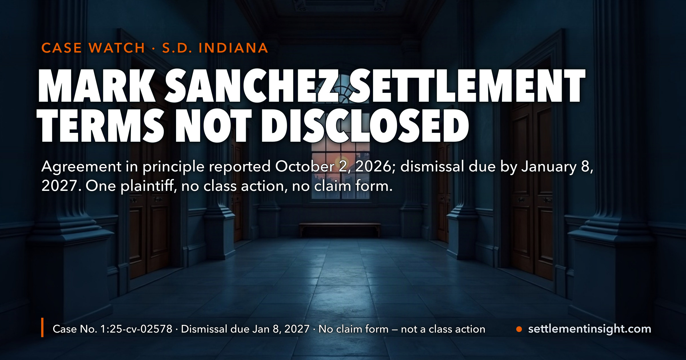 Mark Sanchez Settlement: The Truck Driver’s Lawsuit Reached an Agreement in Principle on October 2, 2026 — Dismissal Papers Are Due by January 8, 2027, the Terms Have Not Been Disclosed, and There Is No Money for Anyone Else — key figures at a glance
