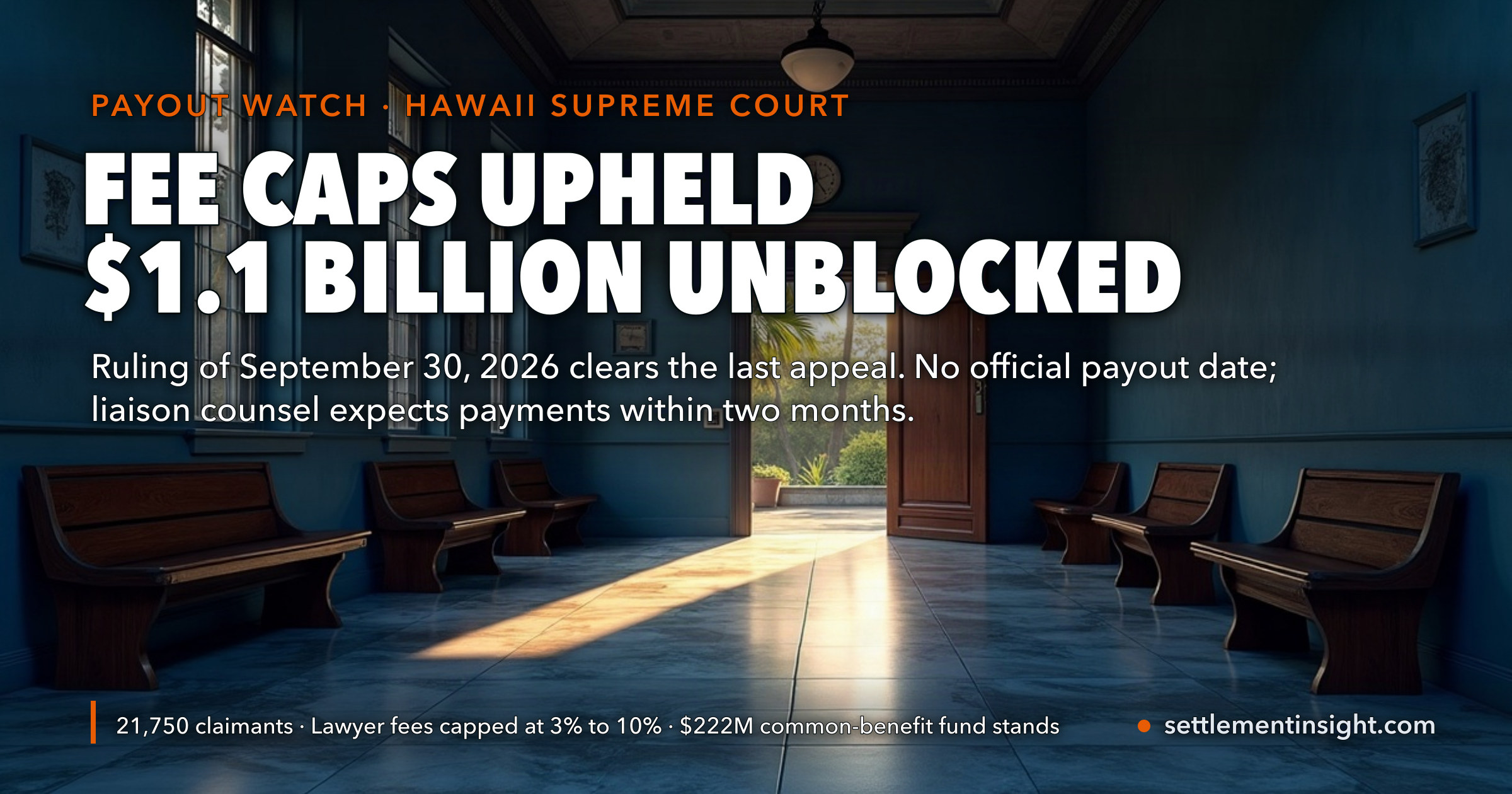 Maui Wildfire Settlement: The Hawaii Supreme Court Upheld the 3%–10% Fee Caps on September 30, Unblocking $1.1 Billion for 21,750 Claimants — but There Is Still No Official Payout Date, Only an Estimate of “Within the Next Two Months” — key figures at a glance