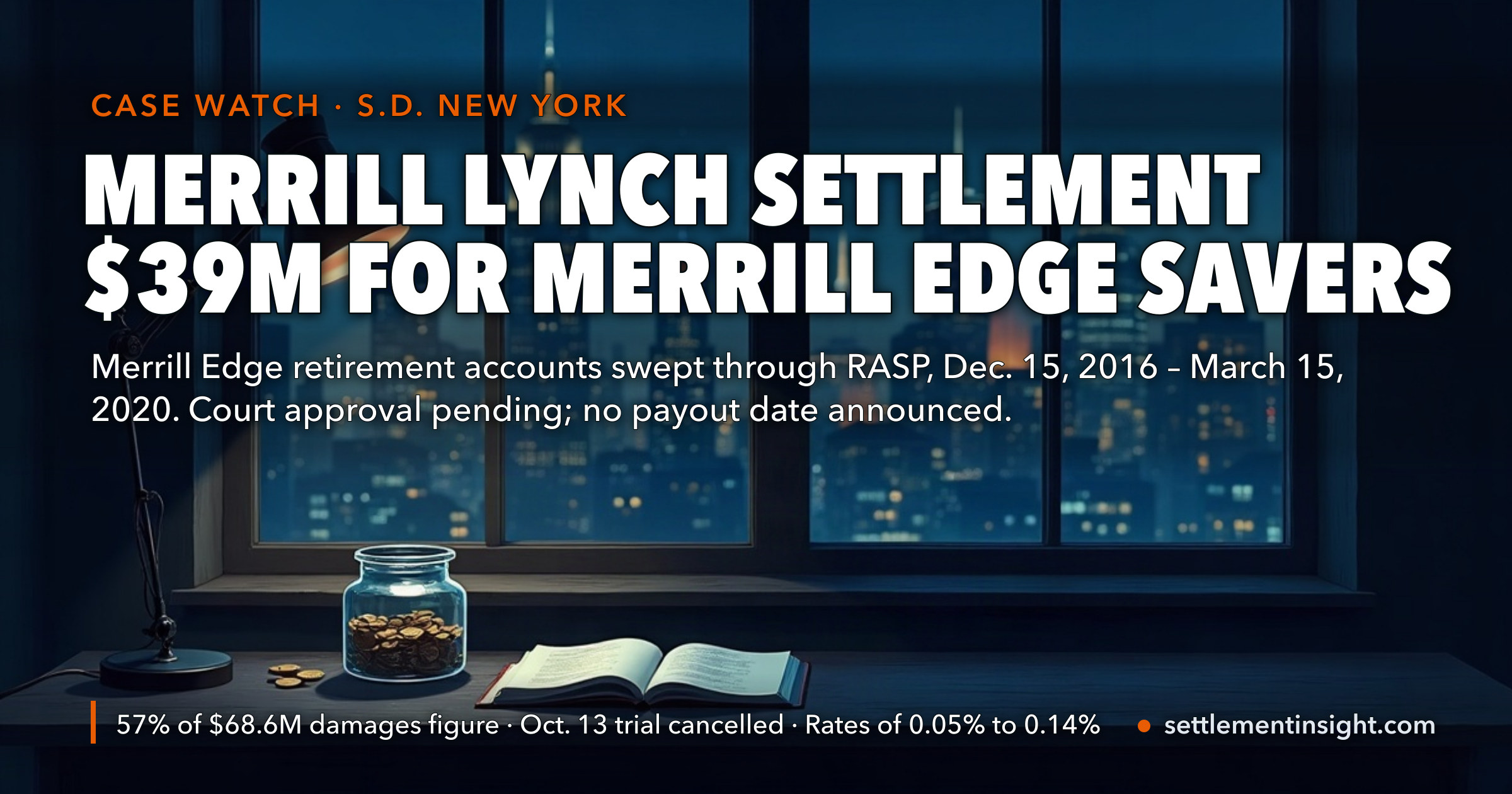 Merrill Lynch’s $39 Million Cash Sweep Settlement Is 57% of the Class’s Own $68.6 Million Damages Figure — Filed After the Judge Cancelled the October 13 Trial, While the Official Case Website Still Lists That Trial as Upcoming — key figures at a glance