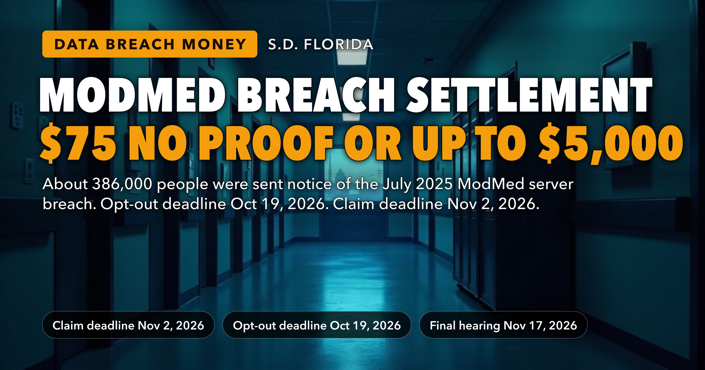 ModMed’s Nearly $3 Million Data Breach Settlement Covers About 386,000 Patients — $7.77 a Head Before Fees, While the Notice Estimates $75 Without Proof. Opt-Outs Close October 19, Claims November 2, 2026. — key figures at a glance