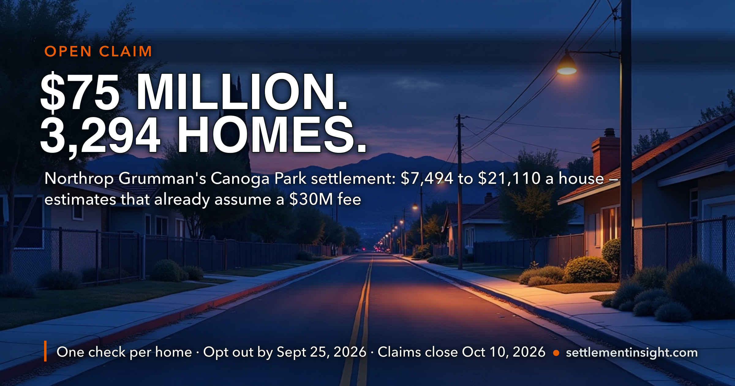 Northrop Grumman Settled in the Middle of Trial for $75 Million. The Notice Tells 3,294 Canoga Park and Winnetka Homeowners to Expect $7,494 to $21,110 a House — Estimates That Already Assume the Lawyers Get the Full $30 Million. One Check per Home, About $444 for People Who Already Sold, and Claims Close October 10. — key figures at a glance