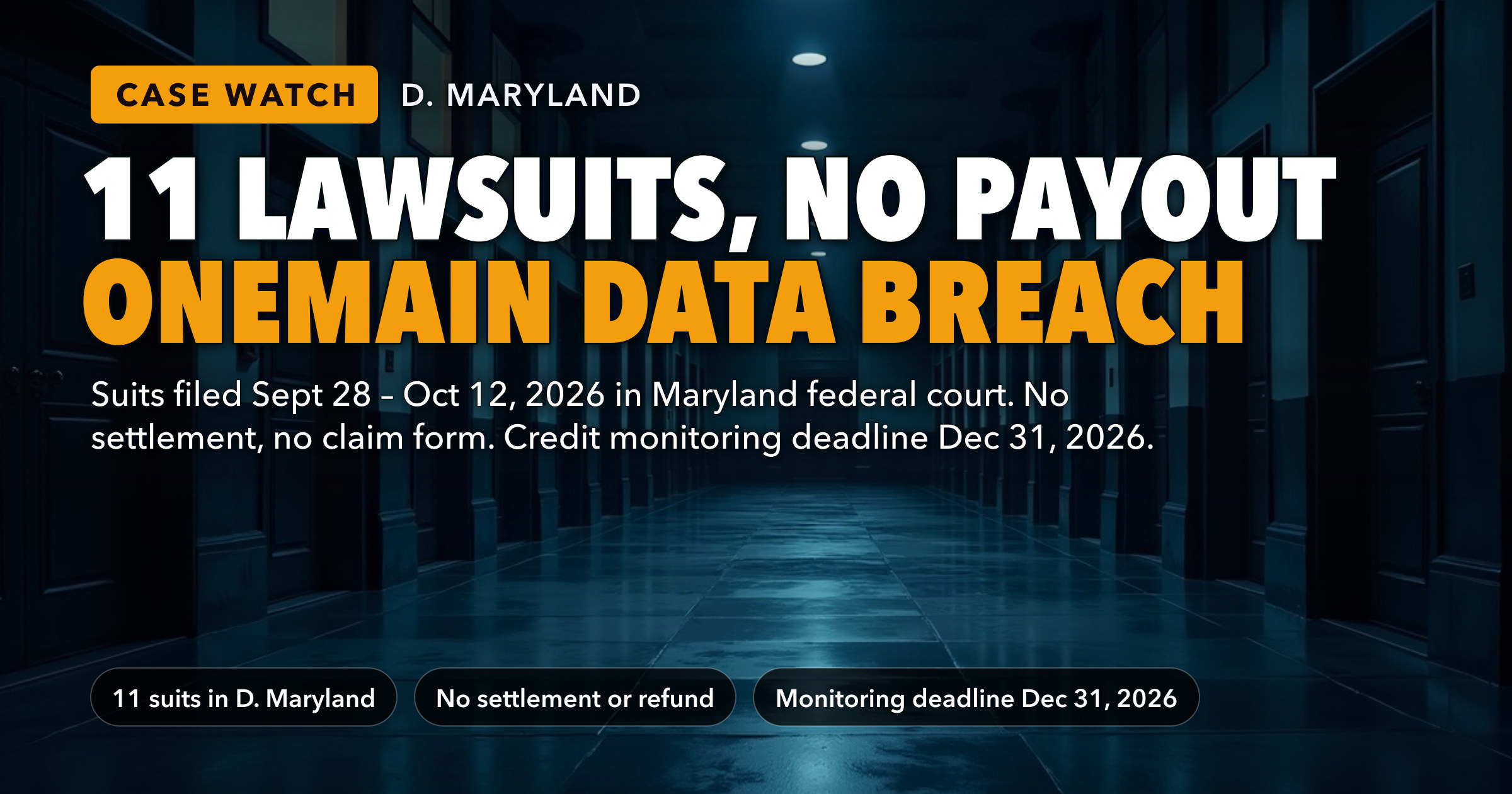 OneMain Financial Data Breach: 11 Lawsuits Filed in Maryland Federal Court Between September 28 and October 12, 2026 — Still No Settlement, No Claim Form and No Refund. The Only Deadline Is Credit Monitoring: Enroll by December 31, 2026. — key figures at a glance