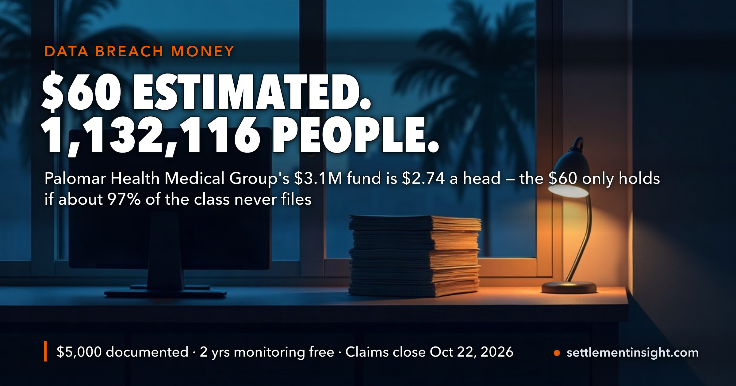 Palomar Health Medical Group's $3.1 Million Breach Settlement Covers 1,132,116 People — $2.74 Each — and Its $60 Estimate Only Holds If About 97% of Them Never File. Claims Close October 22. — key figures at a glance