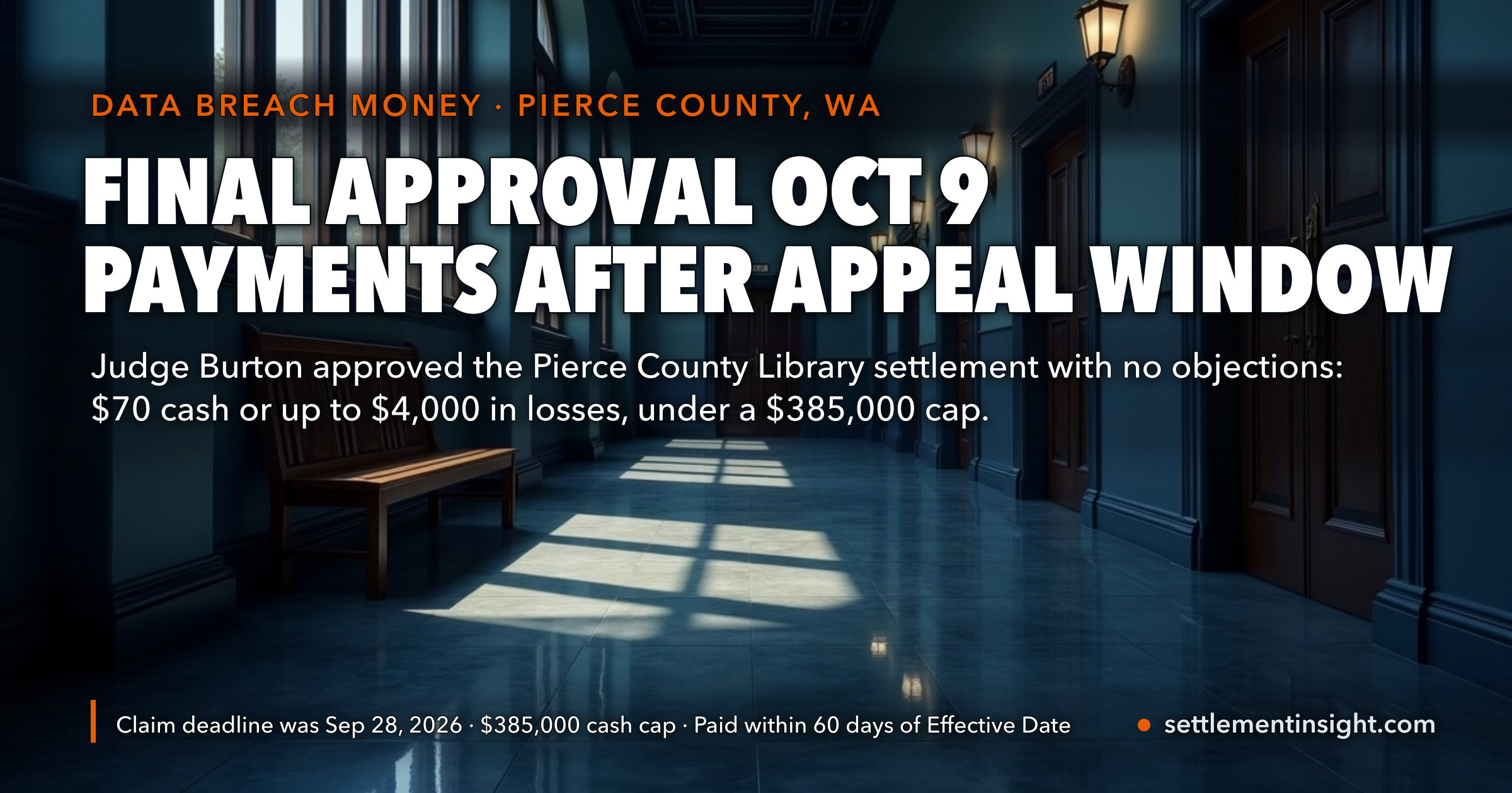 Pierce County Library Settlement Won Final Approval on October 9, 2026 — No Objections, No Opt-Outs. But the $70 Payments and Loss Refunds Wait for a 30-Day Appeal Window, and No Pay Date Is Set. — key figures at a glance