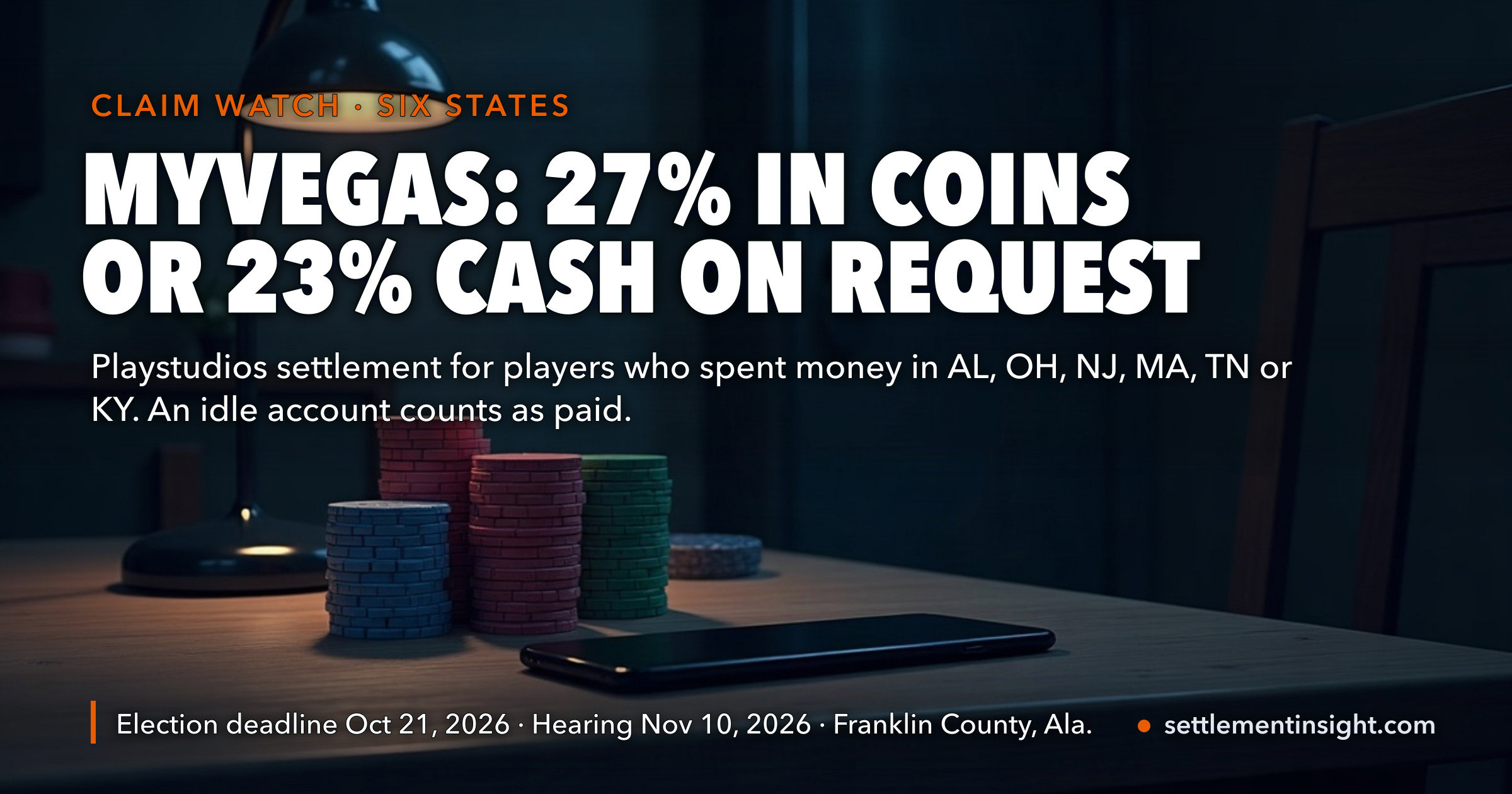 Playstudios’ myVEGAS Settlement Pays 27% of Your Net Spending — in Game Coins. Cash Is Only 23%, You Must Ask for It by October 21, 2026, and If Your Account Sits Idle, the Coins Count as Delivered Anyway — key figures at a glance