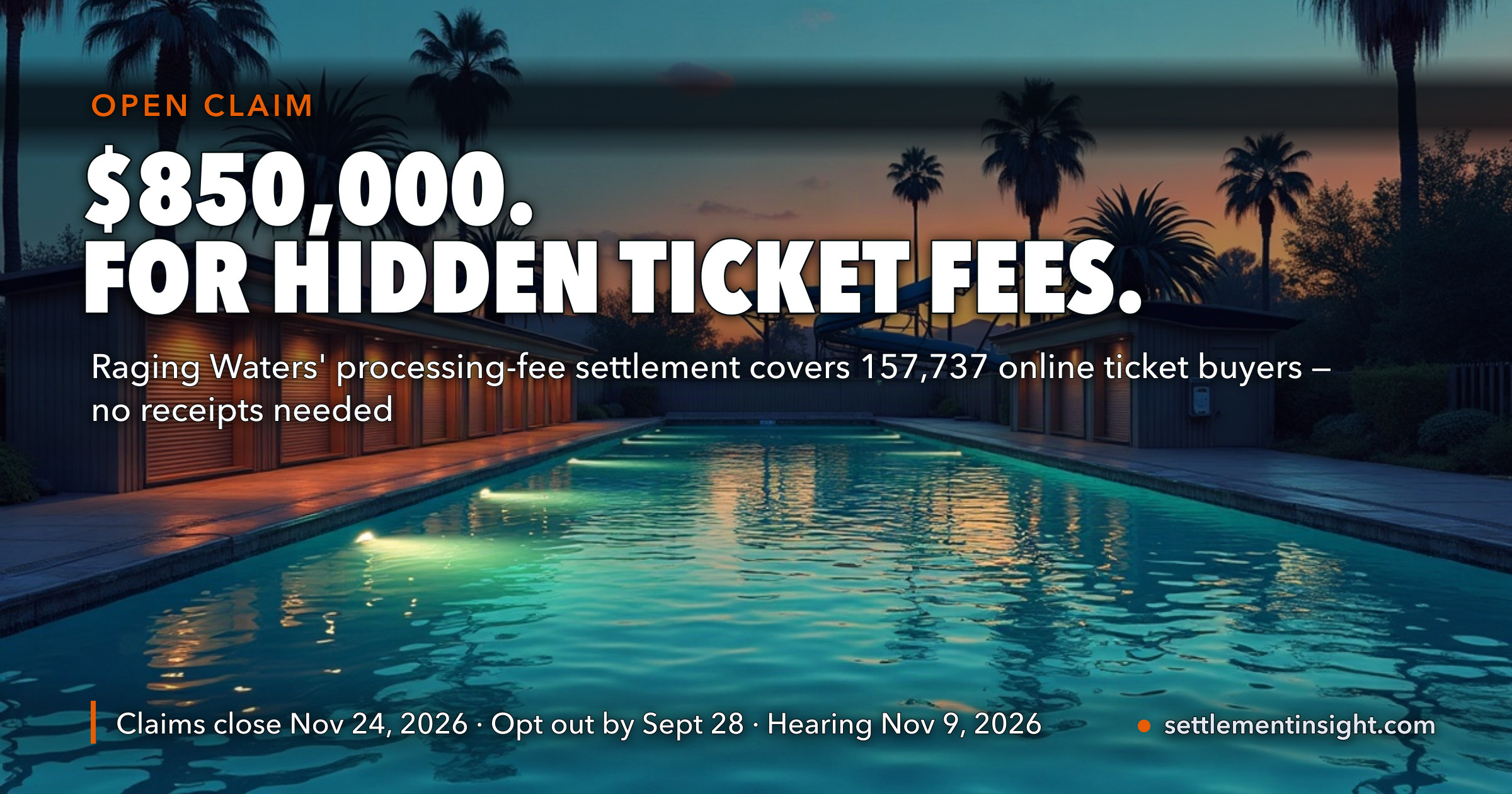 Raging Waters Ticket Buyers Paid About $1.5 Million in Processing Fees, by Our Math. The $850,000 Settlement Would Leave $483,200 to Share If the Court Grants Every Request — Roughly $3 Back per $1 of Fees If One Buyer in Ten Files. Claims Close November 24. — key figures at a glance