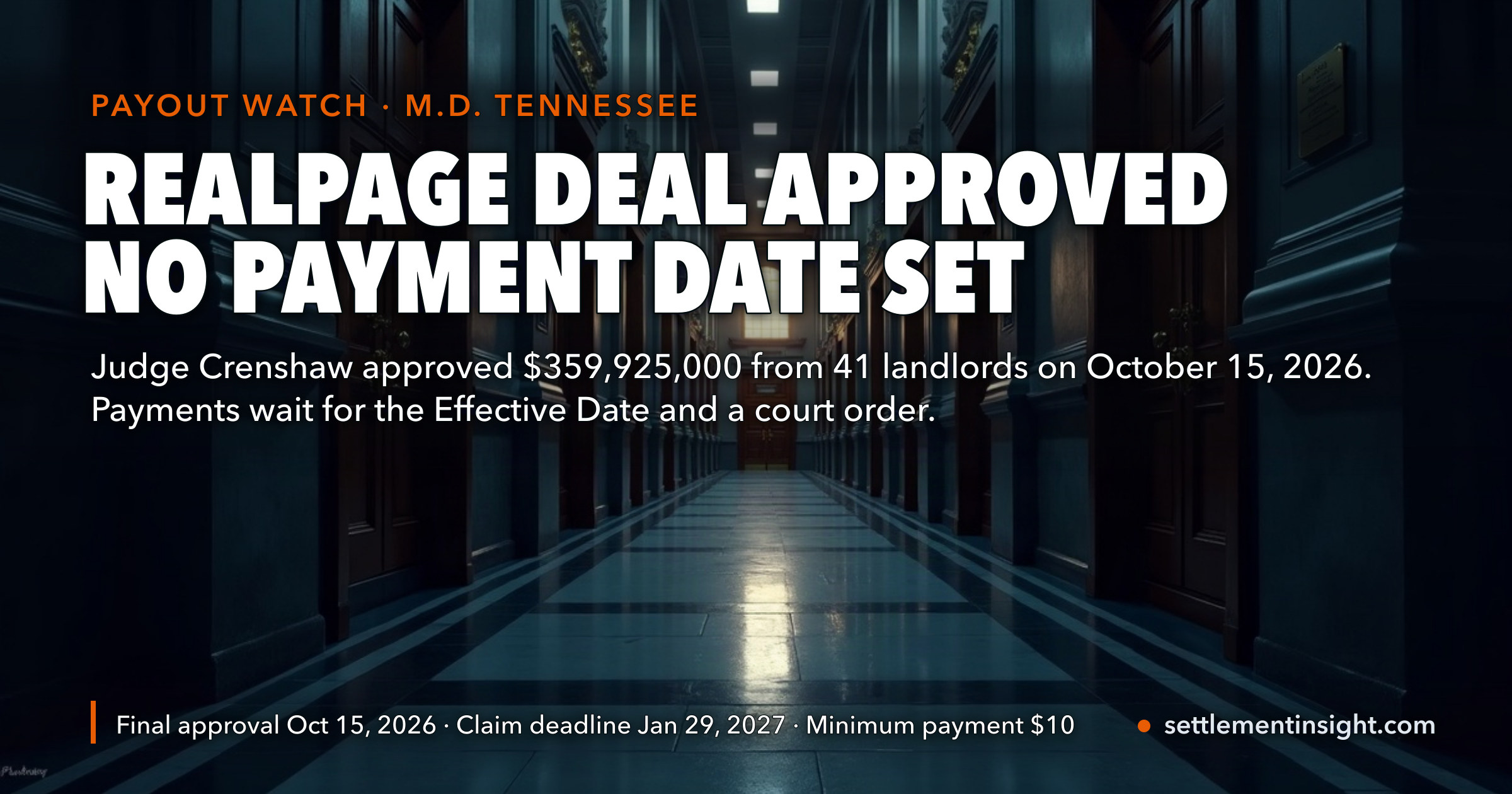 RealPage Rent Settlement Won Final Approval on October 15, 2026 — All $359,925,000 From 41 Landlords Approved, but No Payment Date Is Set and Claims Run Until January 29, 2027 — key figures at a glance