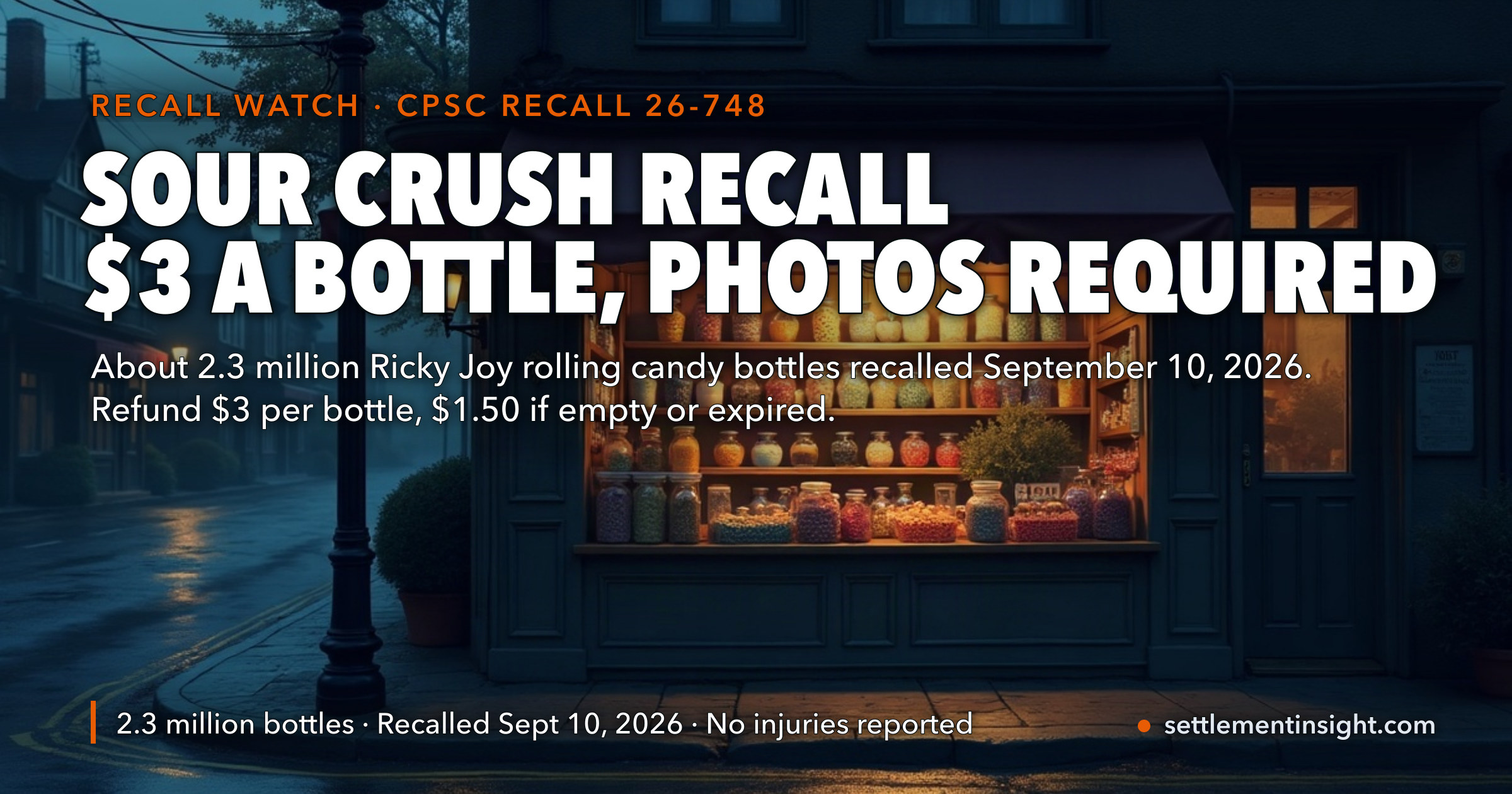 Ricky Joy’s Sour Crush Refund Pays $3 a Bottle — Only $1.50 if It’s Empty or Expired — and Wants Photos of the Lot Number: What Changed Since the September 10 Recall of 2.3 Million Candy Bottles — key figures at a glance