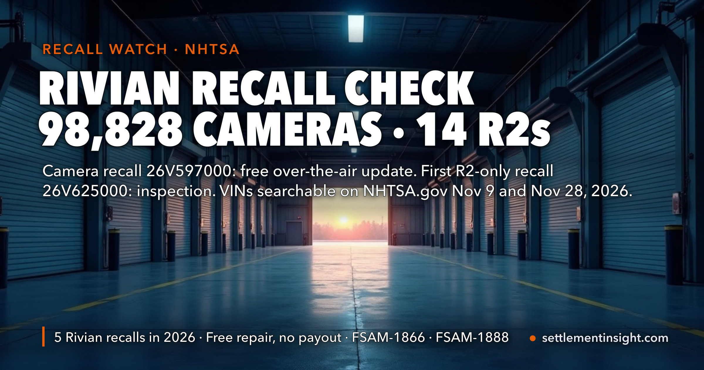 Rivian Recall Check: The First Recall Limited to the New R2 Covers 14 Vehicles, the Rearview-Camera Recall Covers 98,828 — and NHTSA Says Their VINs Become Searchable Only on November 9 and November 28 — key figures at a glance