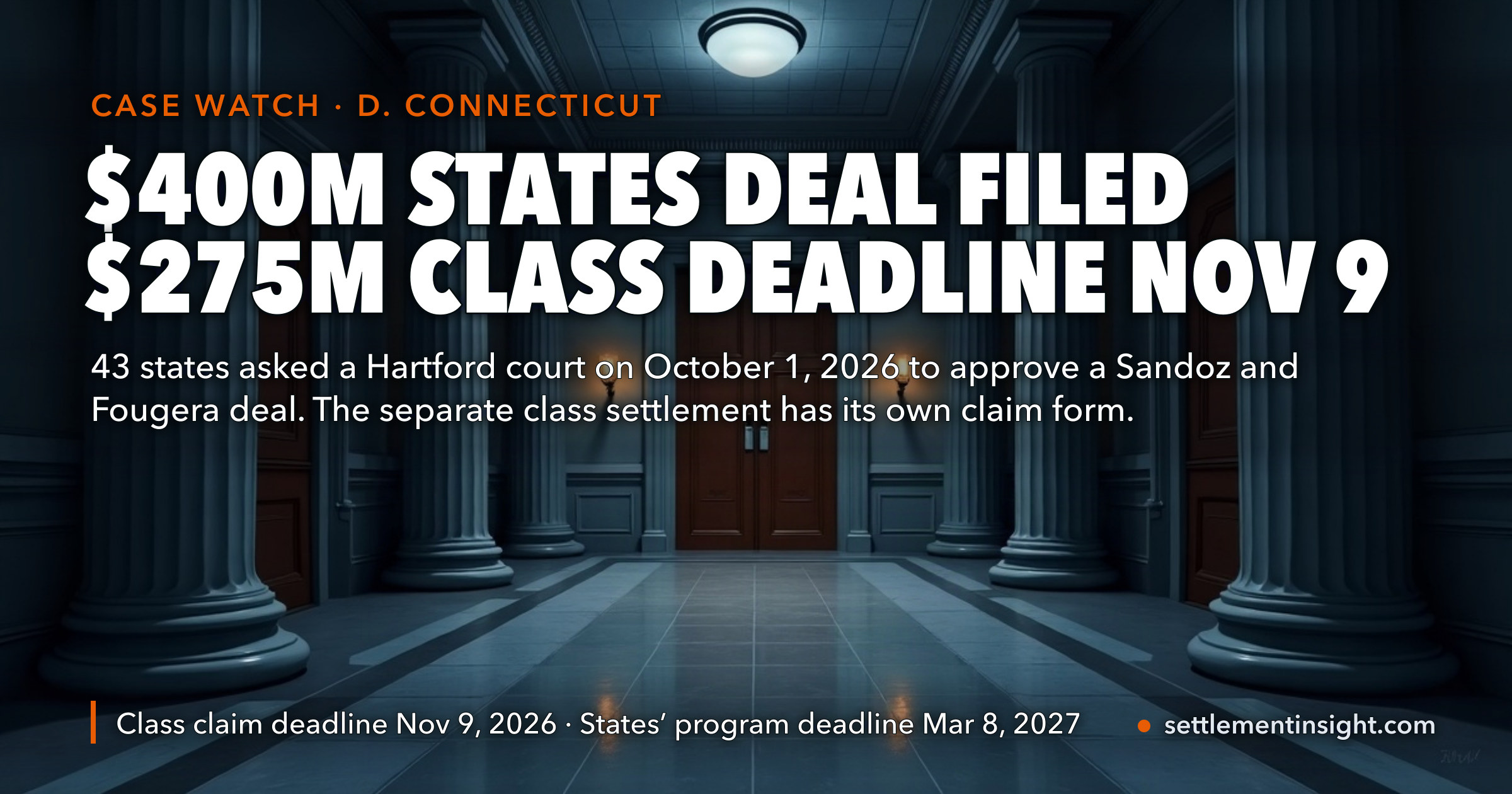 States Asked a Hartford Court on October 1 to Approve a $400 Million Sandoz and Fougera Deal — but the Money You Can Claim Now Is the Separate $275 Million Class Settlement, Deadline November 9, 2026 — key figures at a glance