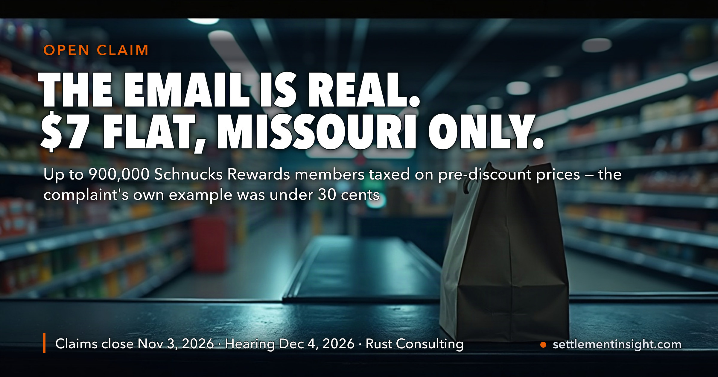 The Schnucks Settlement Email Is Real. It Pays $7 Flat to Up to 900,000 Missouri Rewards Members, the Complaint's Own Example Was a Tax Overcharge of Under 30 Cents — and Claims Close November 3. — key figures at a glance