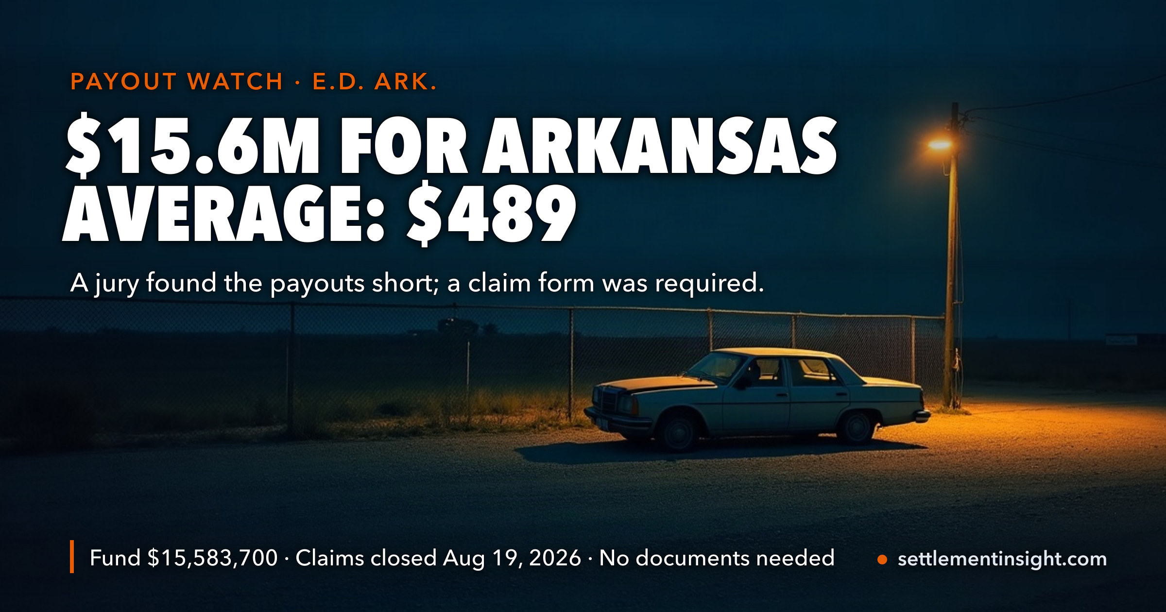 A Jury Already Found State Farm Shorted Totaled-Car Payouts in Arkansas. Drivers Have 13 Days to Claim a Share of $15.6 Million — About $489 on Average — key figures at a glance