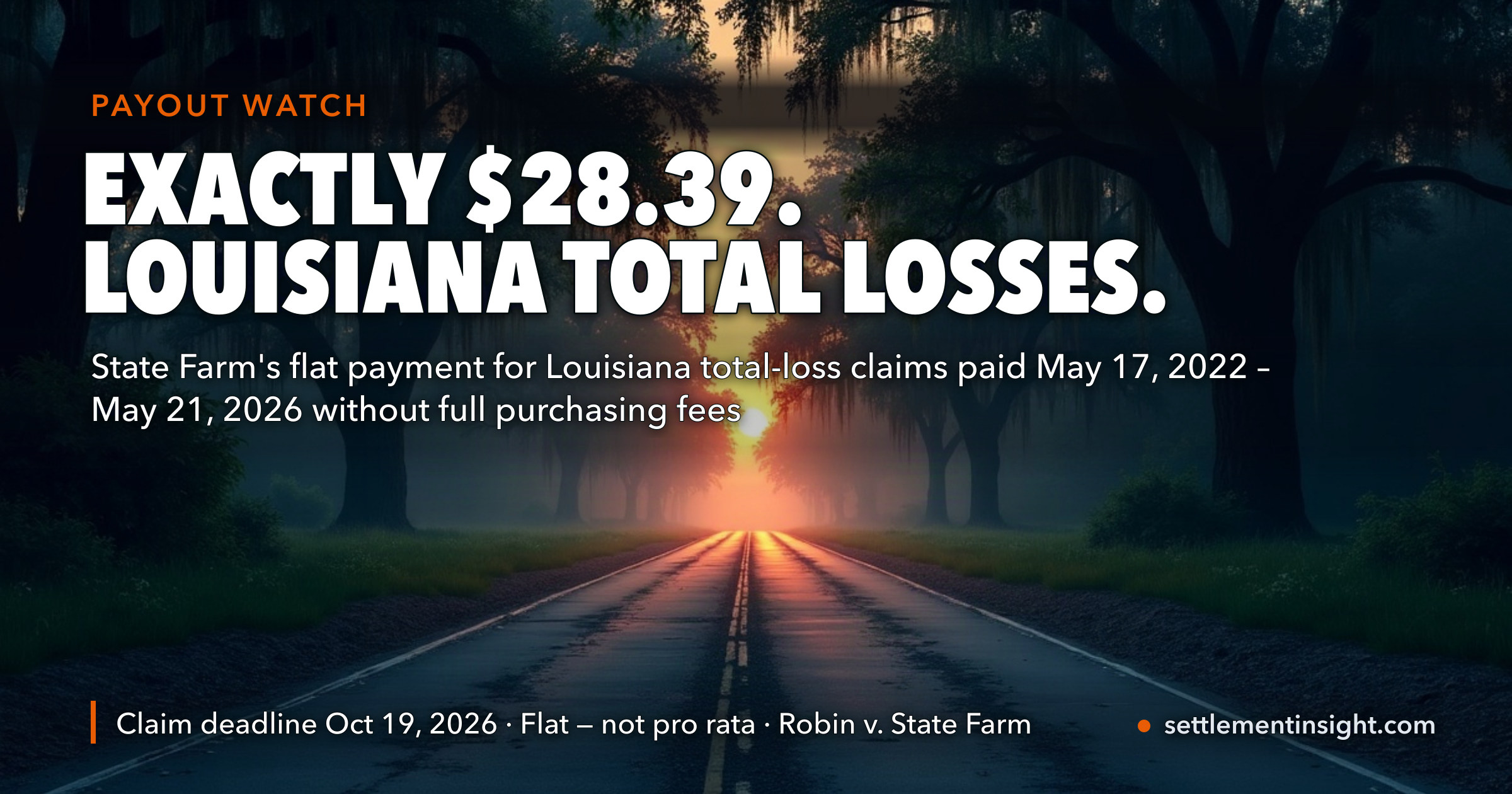 State Farm Will Pay Louisiana Drivers Exactly $28.39 Over Totaled Cars — Two of the Three Deadlines Already Passed, and the One That Pays Runs to October 19 — key figures at a glance