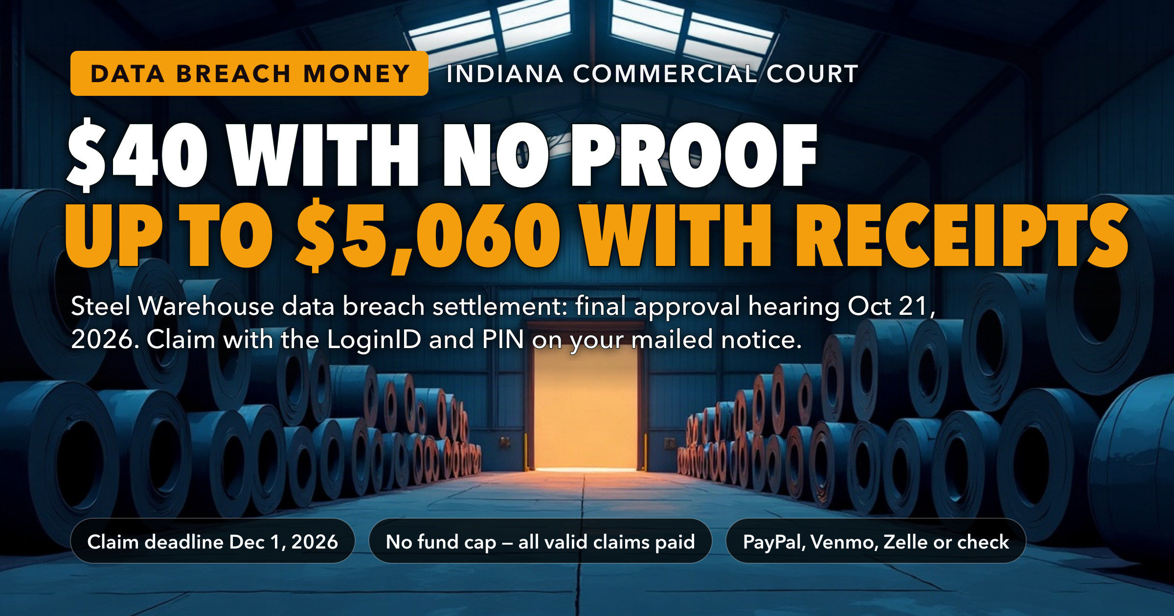 Steel Warehouse Data Breach Settlement: $40 With No Proof or Up to $5,060 With Receipts — No Fund to Split, Final Hearing October 21, Claim Deadline December 1, 2026 — key figures at a glance