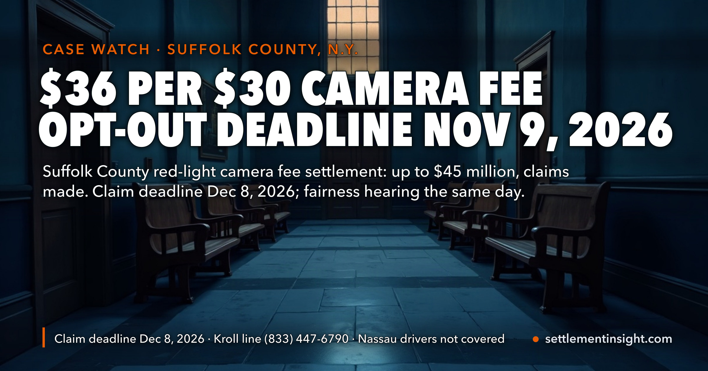 Suffolk Red-Light Camera Fee Settlement: November 9, 2026 Is the Last Day to Opt Out or Object — Four Weeks Before the December 8 Claim Deadline. Drivers Who Stay In Get $36 per $30 Fee; Nassau Drivers Are Not Covered. — key figures at a glance